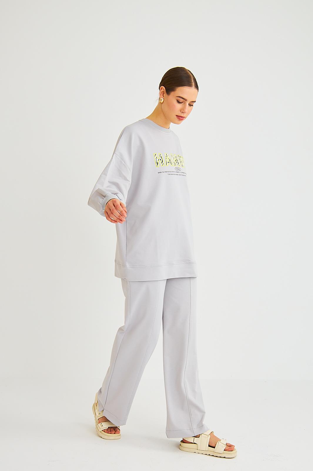 Handy Baskılı Pamuklu Oversize Gri Alt Üst Takım