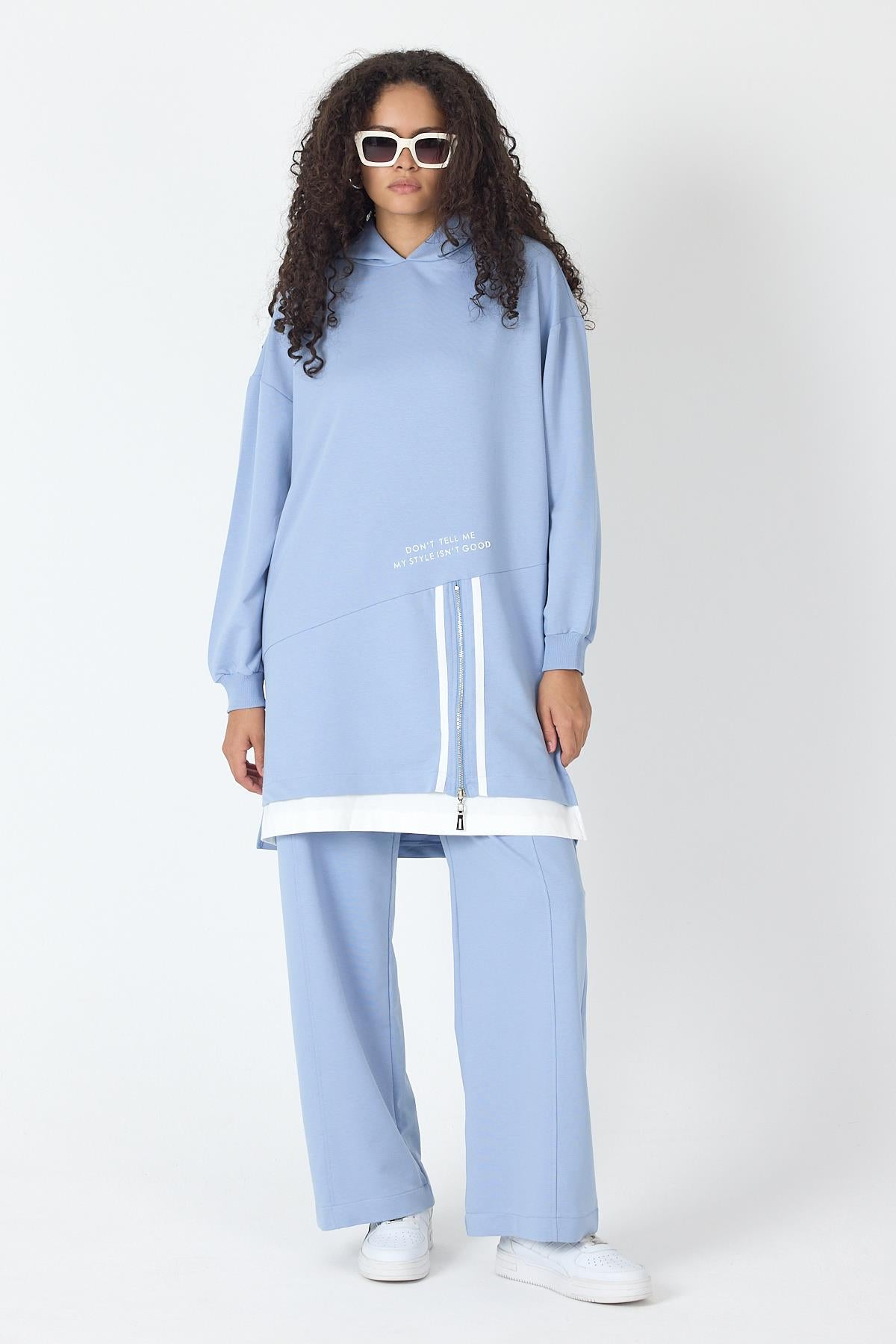 İndigo Kadın Etek Süpremli Baskı Detaylı Fermuar Kapamalı Kapüşonlu Pamuklu Örme Alt Üst Takım