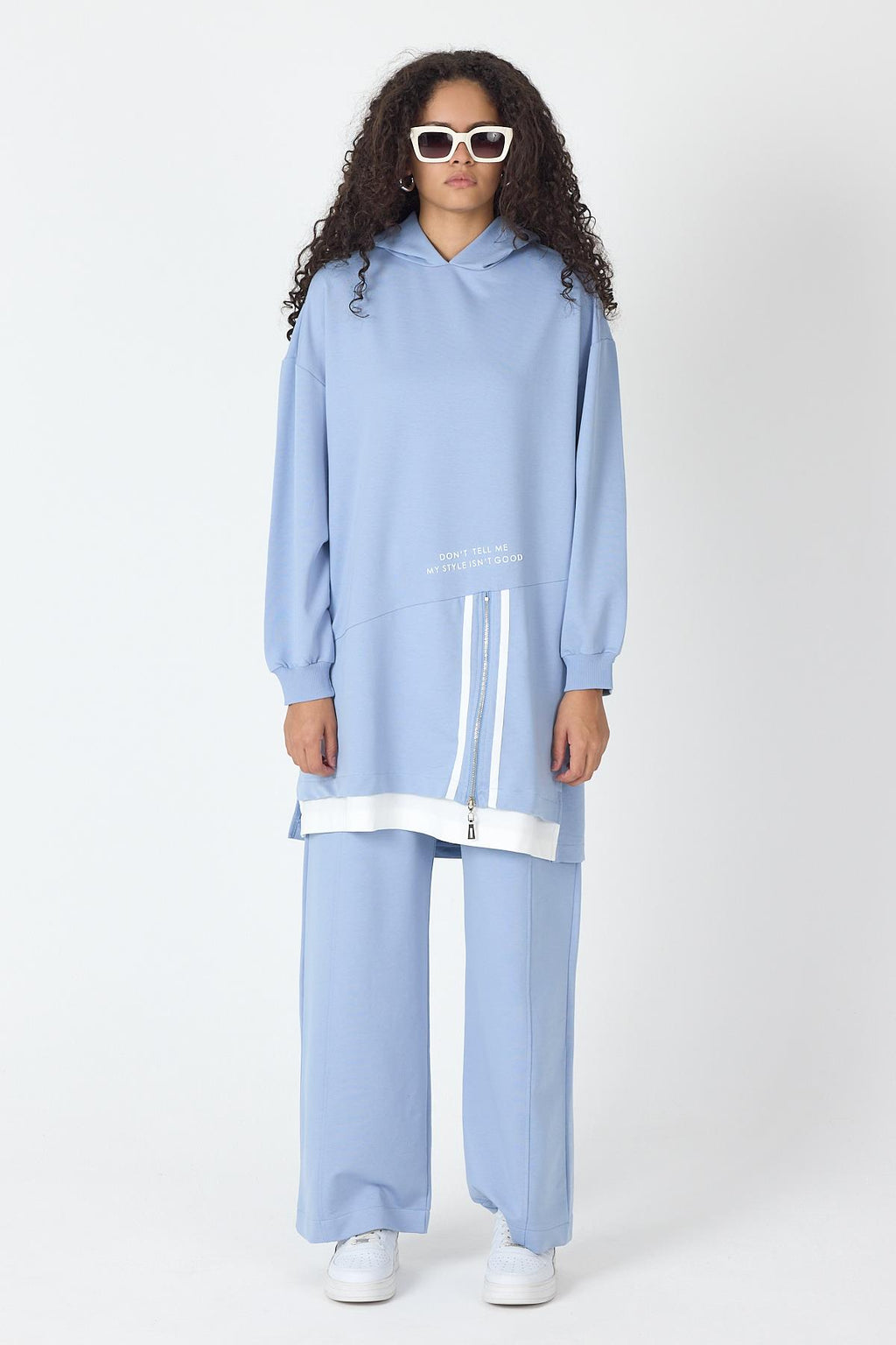 İndigo Kadın Etek Süpremli Baskı Detaylı Fermuar Kapamalı Kapüşonlu Pamuklu Örme Alt Üst Takım