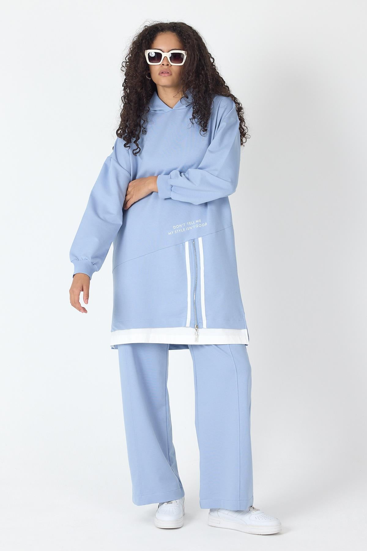 İndigo Kadın Etek Süpremli Baskı Detaylı Fermuar Kapamalı Kapüşonlu Pamuklu Örme Alt Üst Takım