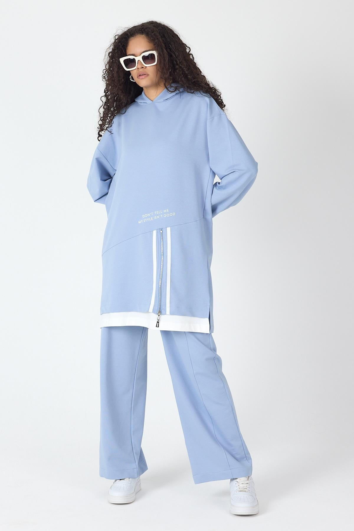 İndigo Kadın Etek Süpremli Baskı Detaylı Fermuar Kapamalı Kapüşonlu Pamuklu Örme Alt Üst Takım