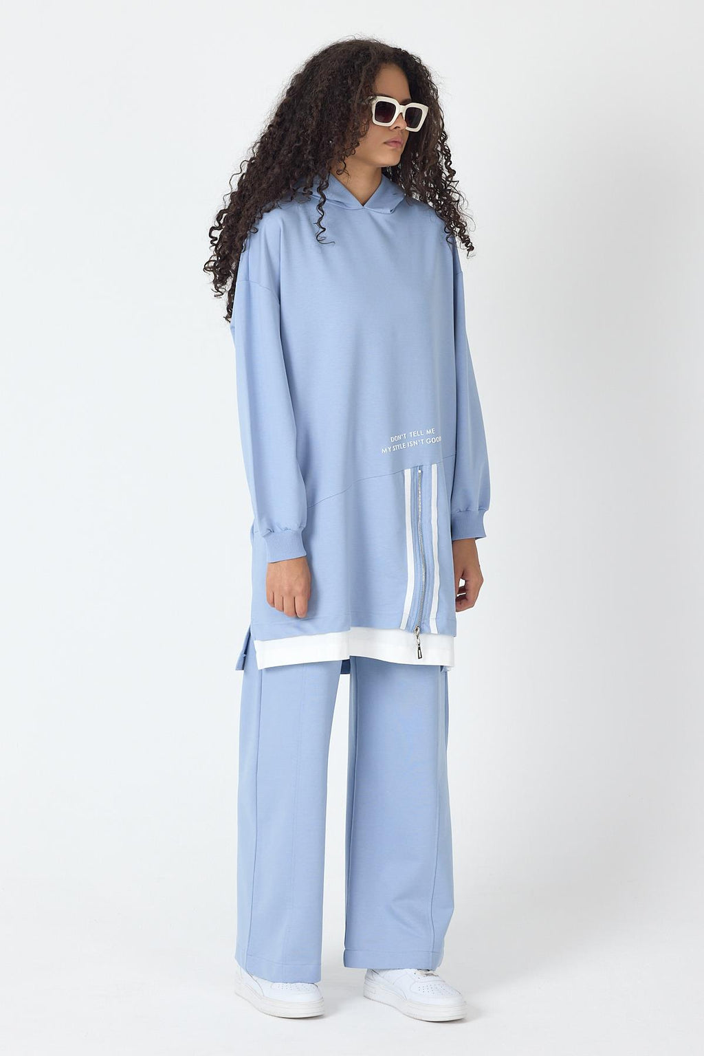 İndigo Kadın Etek Süpremli Baskı Detaylı Fermuar Kapamalı Kapüşonlu Pamuklu Örme Alt Üst Takım