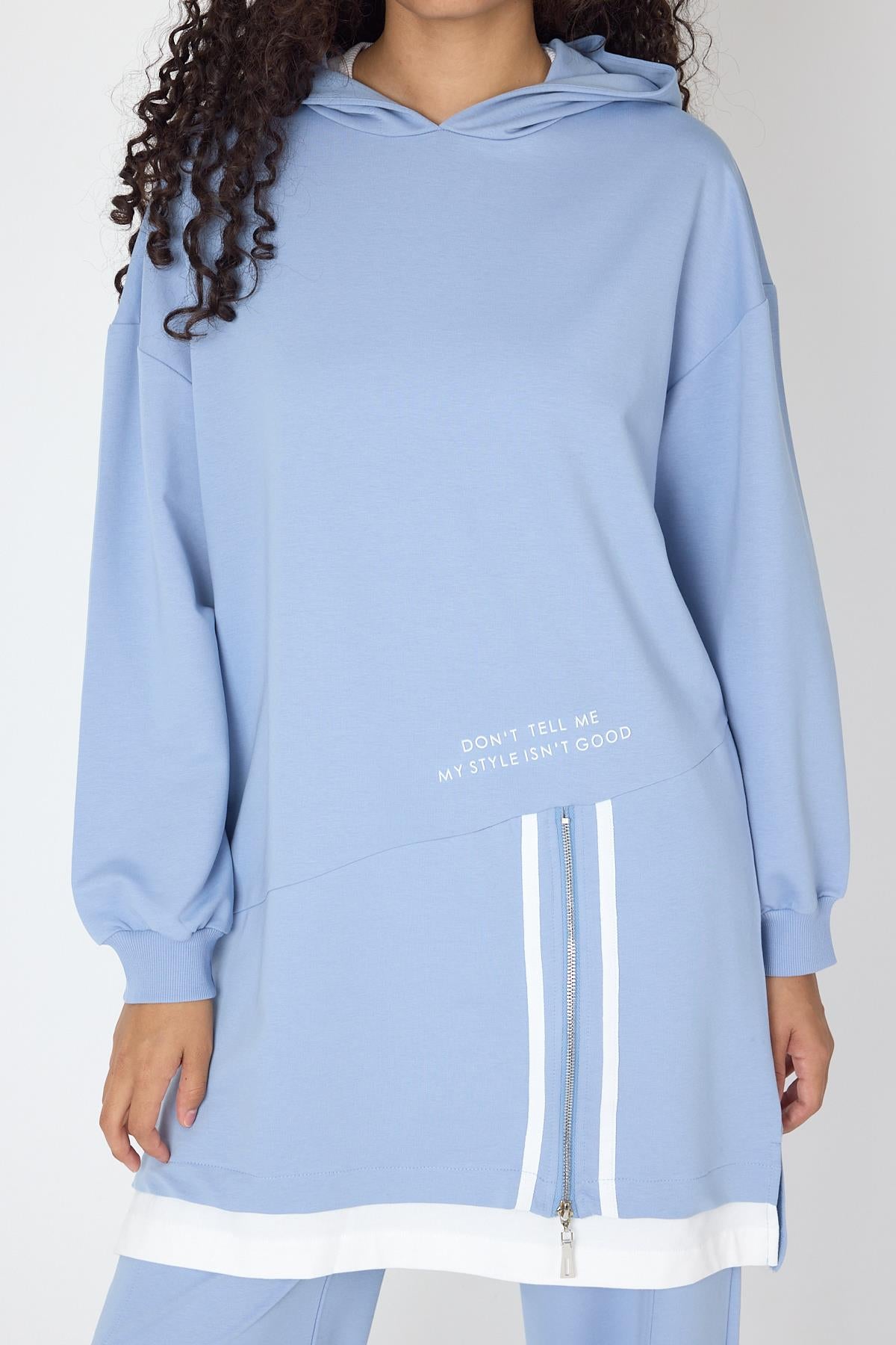 İndigo Kadın Etek Süpremli Baskı Detaylı Fermuar Kapamalı Kapüşonlu Pamuklu Örme Alt Üst Takım