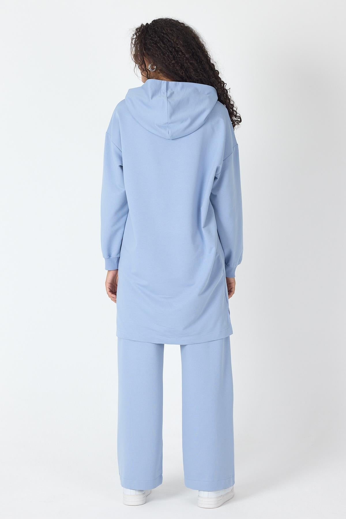 İndigo Kadın Etek Süpremli Baskı Detaylı Fermuar Kapamalı Kapüşonlu Pamuklu Örme Alt Üst Takım