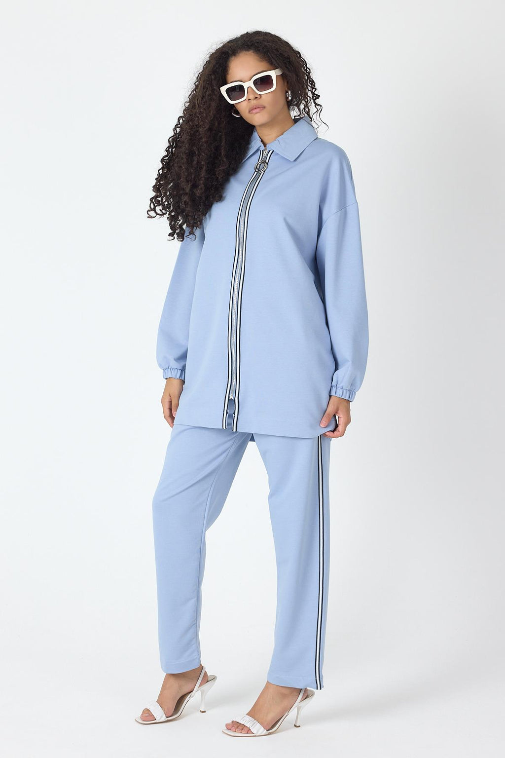 İndigo Kadın Fermuar Kapamalı Şerit Detaylı Gömlek Yaka Pamuklu Örme Alt Üst Takım