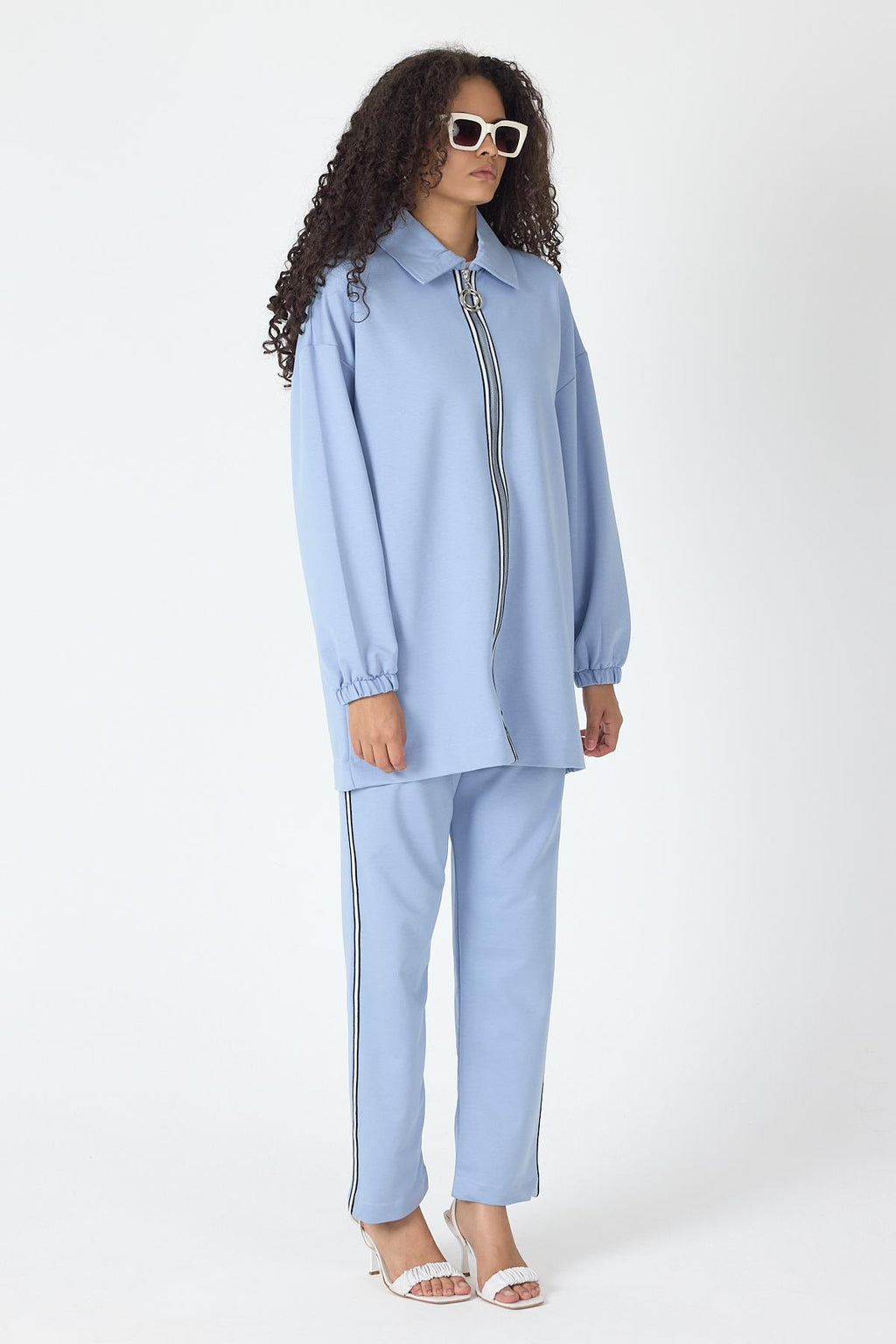 İndigo Kadın Fermuar Kapamalı Şerit Detaylı Gömlek Yaka Pamuklu Örme Alt Üst Takım