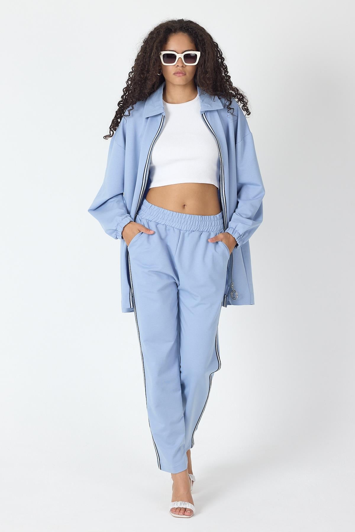 İndigo Kadın Fermuar Kapamalı Şerit Detaylı Gömlek Yaka Pamuklu Örme Alt Üst Takım