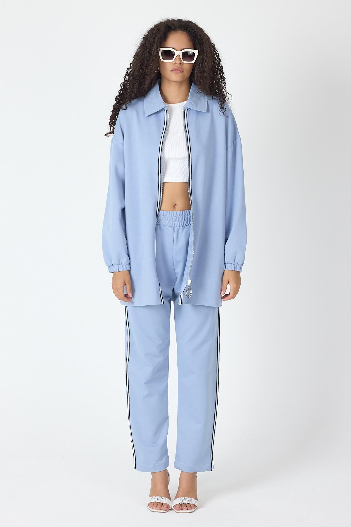 İndigo Kadın Fermuar Kapamalı Şerit Detaylı Gömlek Yaka Pamuklu Örme Alt Üst Takım