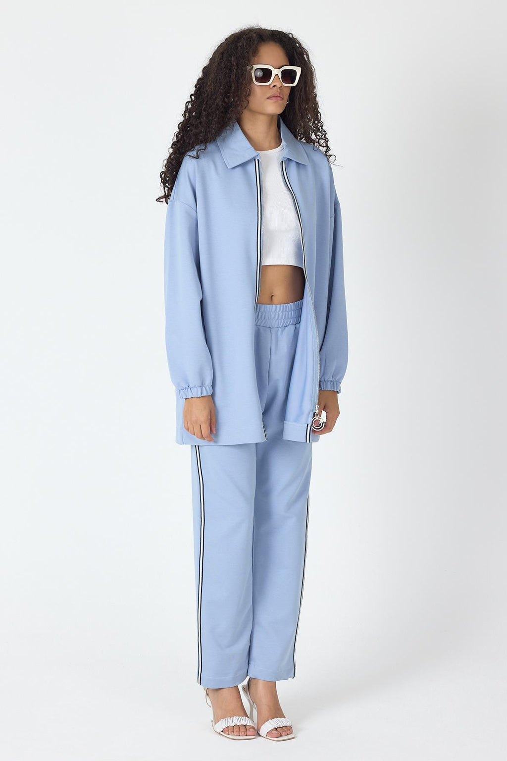 İndigo Kadın Fermuar Kapamalı Şerit Detaylı Gömlek Yaka Pamuklu Örme Alt Üst Takım