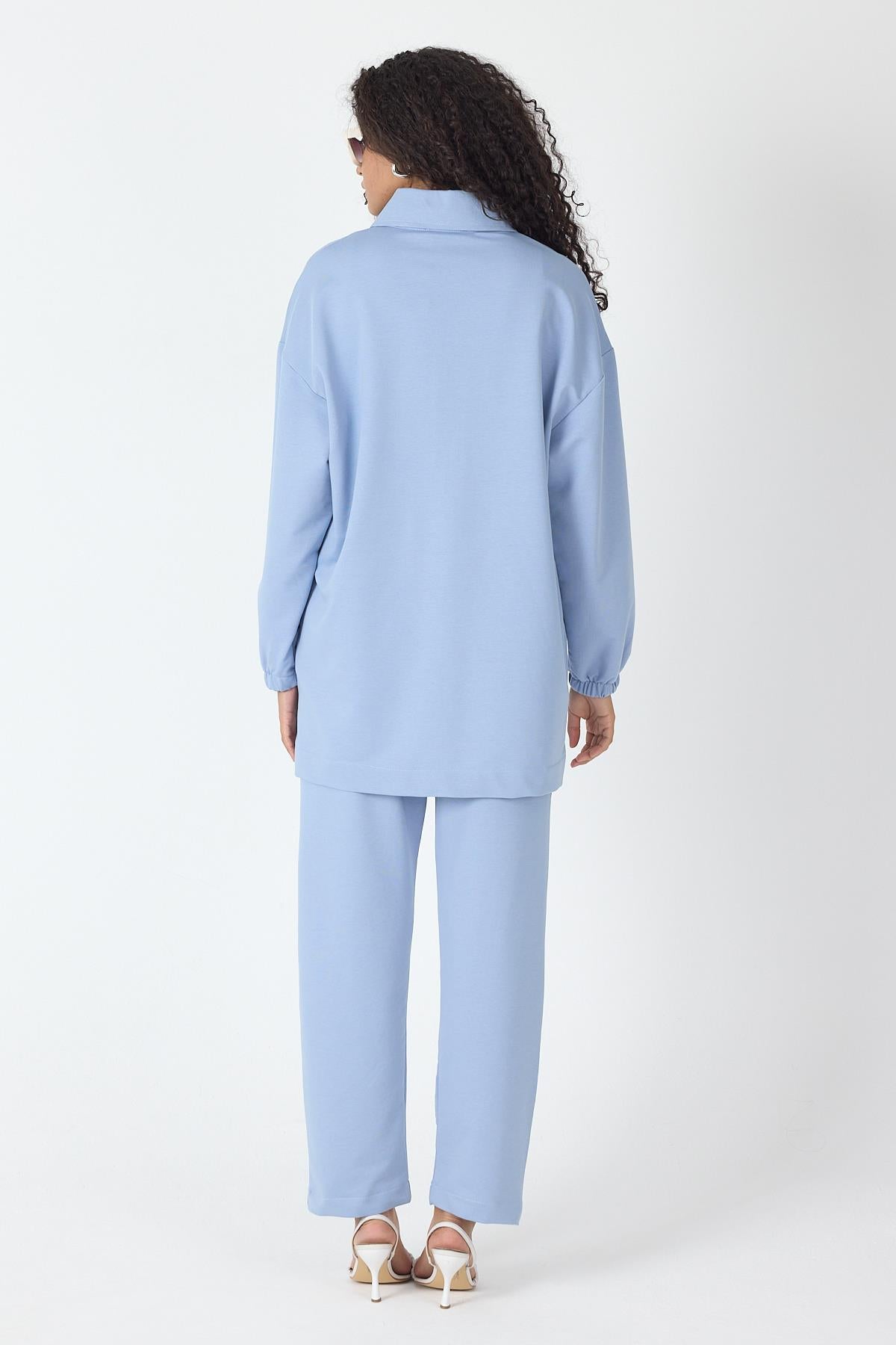 İndigo Kadın Fermuar Kapamalı Şerit Detaylı Gömlek Yaka Pamuklu Örme Alt Üst Takım