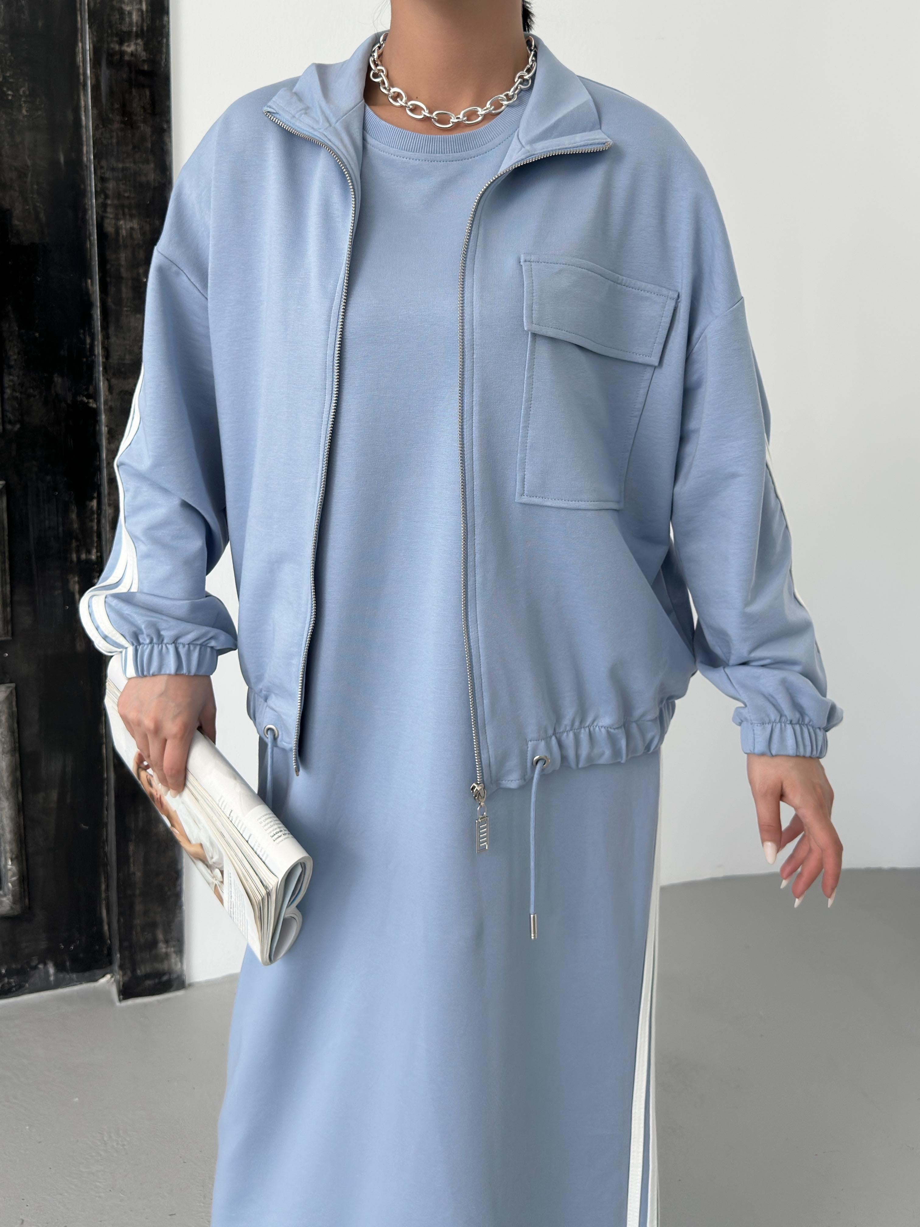 İndigo Kadın Oversize Kalıp Etek Ucu Yırtmaç Detaylı Elbise Ve Fermuar Kapamalı Cepli Lastikli Sweat Pamuklu Örme Takım