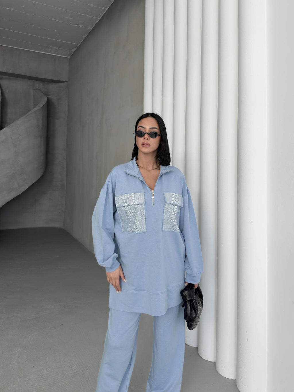 İndigo Kadın Oversize Yarım Fermuar Kapamalı Cep Üzeri Taşlı Bol Paça Pamuklu Örme Alt Üst Takım