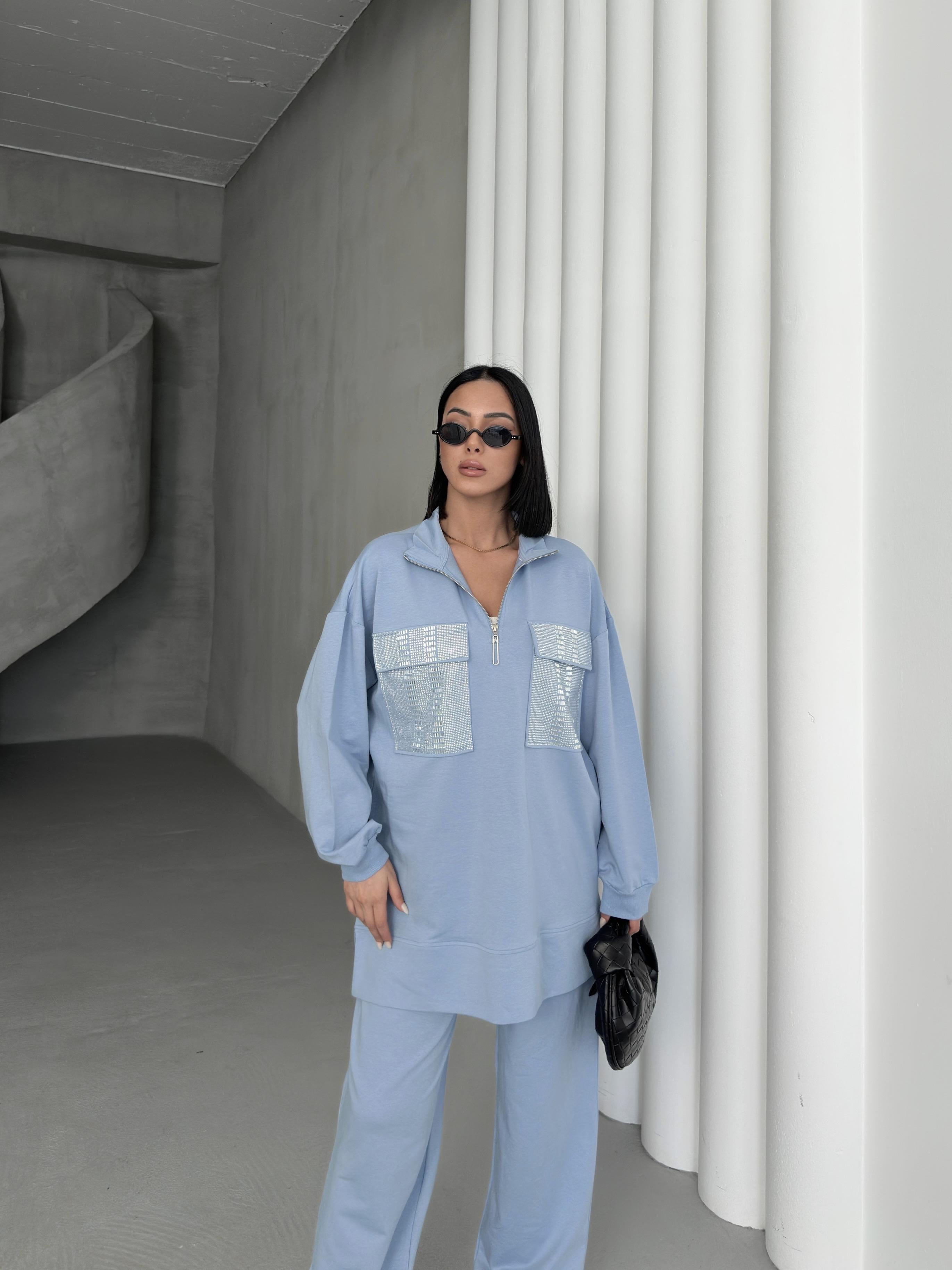 İndigo Kadın Oversize Yarım Fermuar Kapamalı Cep Üzeri Taşlı Bol Paça Pamuklu Örme Alt Üst Takım