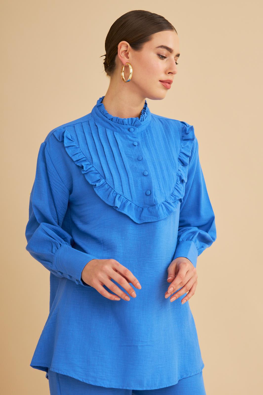 Jade Süs Dikişli ve Düğmeli Fırfır Yaka Keten Mavi Tunik Pantolon Takım