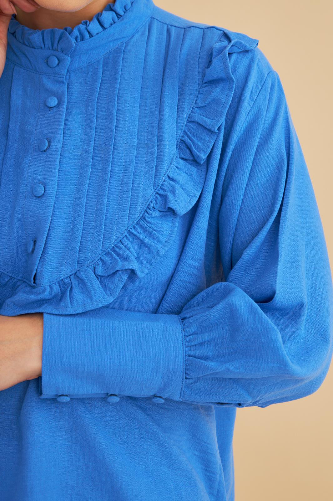 Jade Süs Dikişli ve Düğmeli Fırfır Yaka Keten Mavi Tunik Pantolon Takım