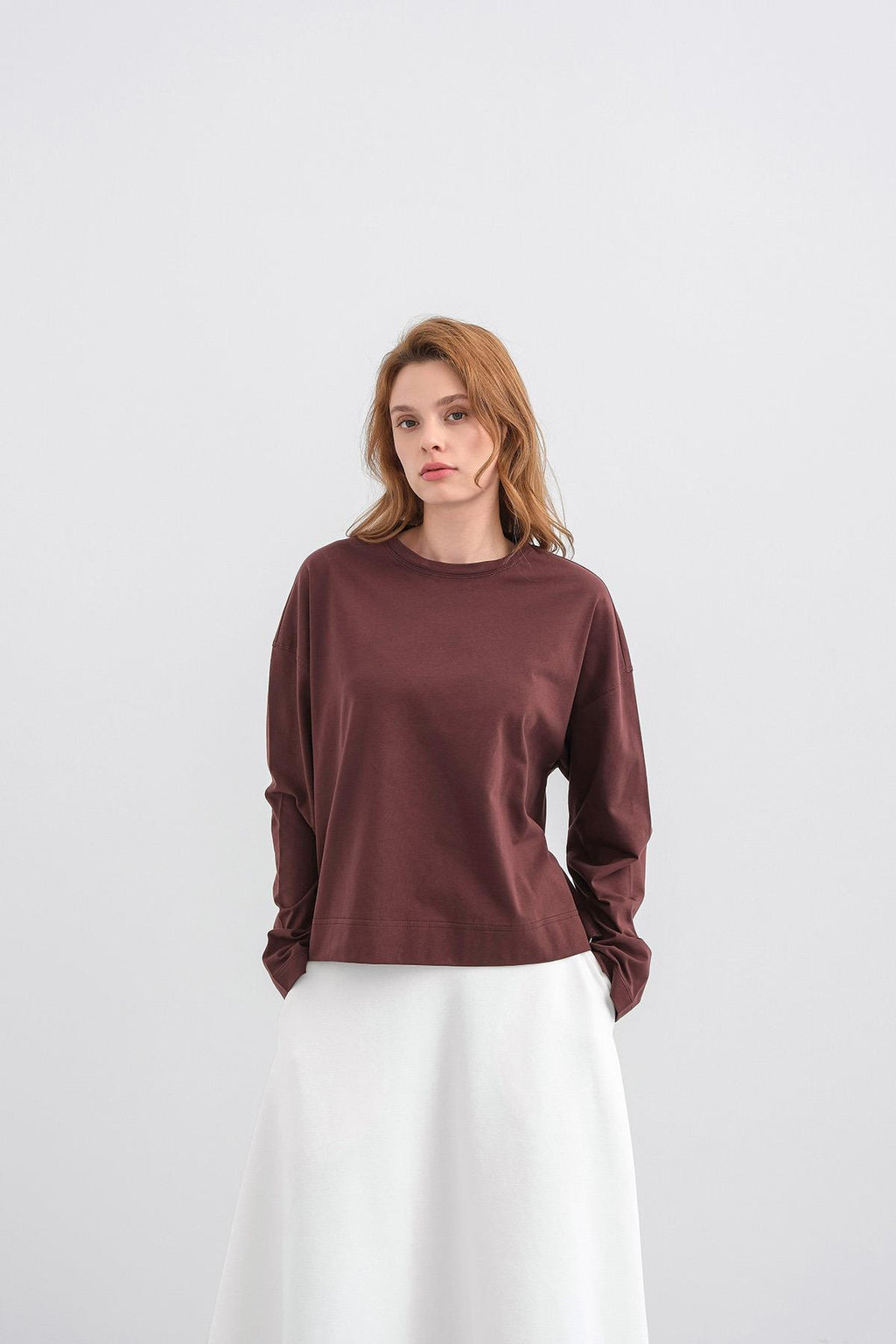 Kahve Kadın Bisiklet Yaka Etek Yırtmaçlı %100 Pamuk Oversize Basic Sweatshirt