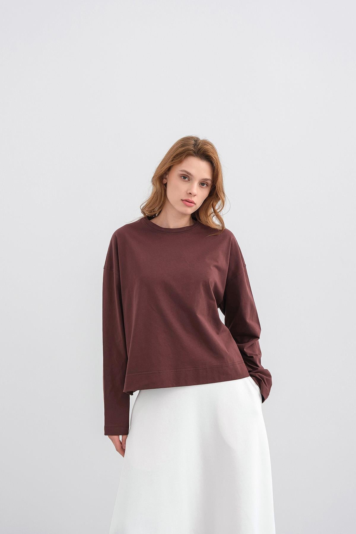 Kahve Kadın Bisiklet Yaka Etek Yırtmaçlı %100 Pamuk Oversize Basic Sweatshirt