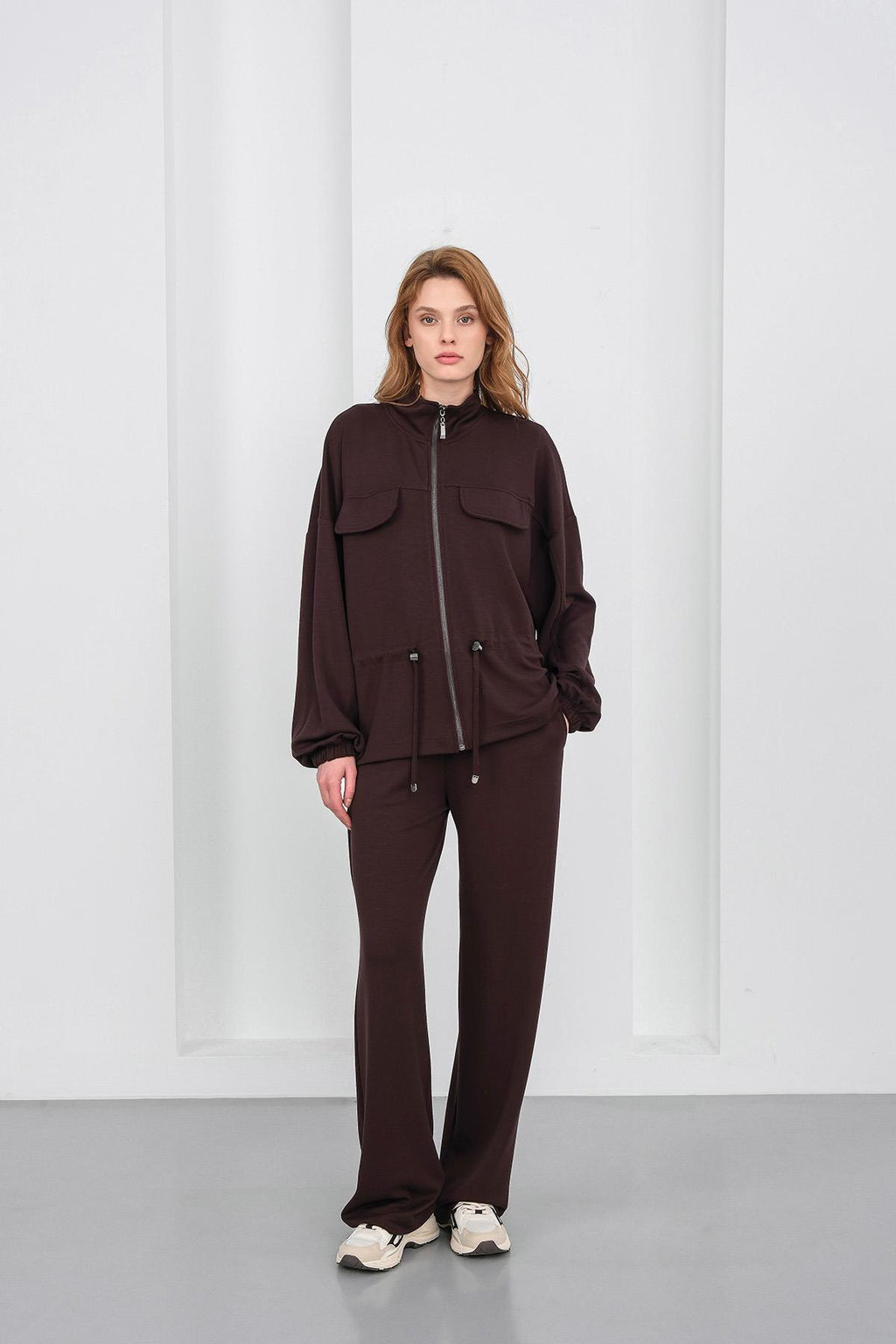 Kahve Kadın Boydan Fermuarlı Dik Yakalı Premium Modal Alt-Üst Takım