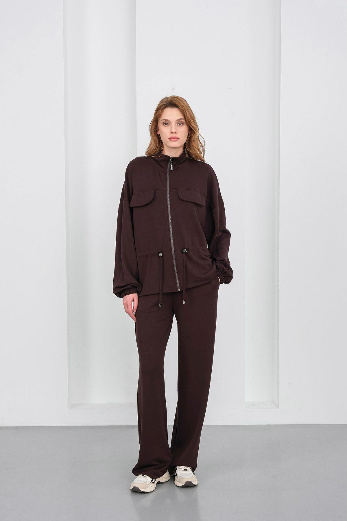 Kahve Kadın Boydan Fermuarlı Dik Yakalı Premium Modal Alt-Üst Takım