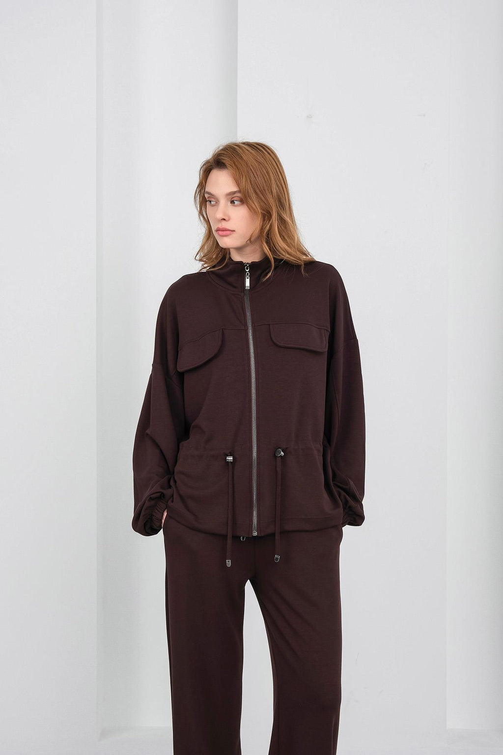 Kahve Kadın Boydan Fermuarlı Dik Yakalı Premium Modal Alt-Üst Takım