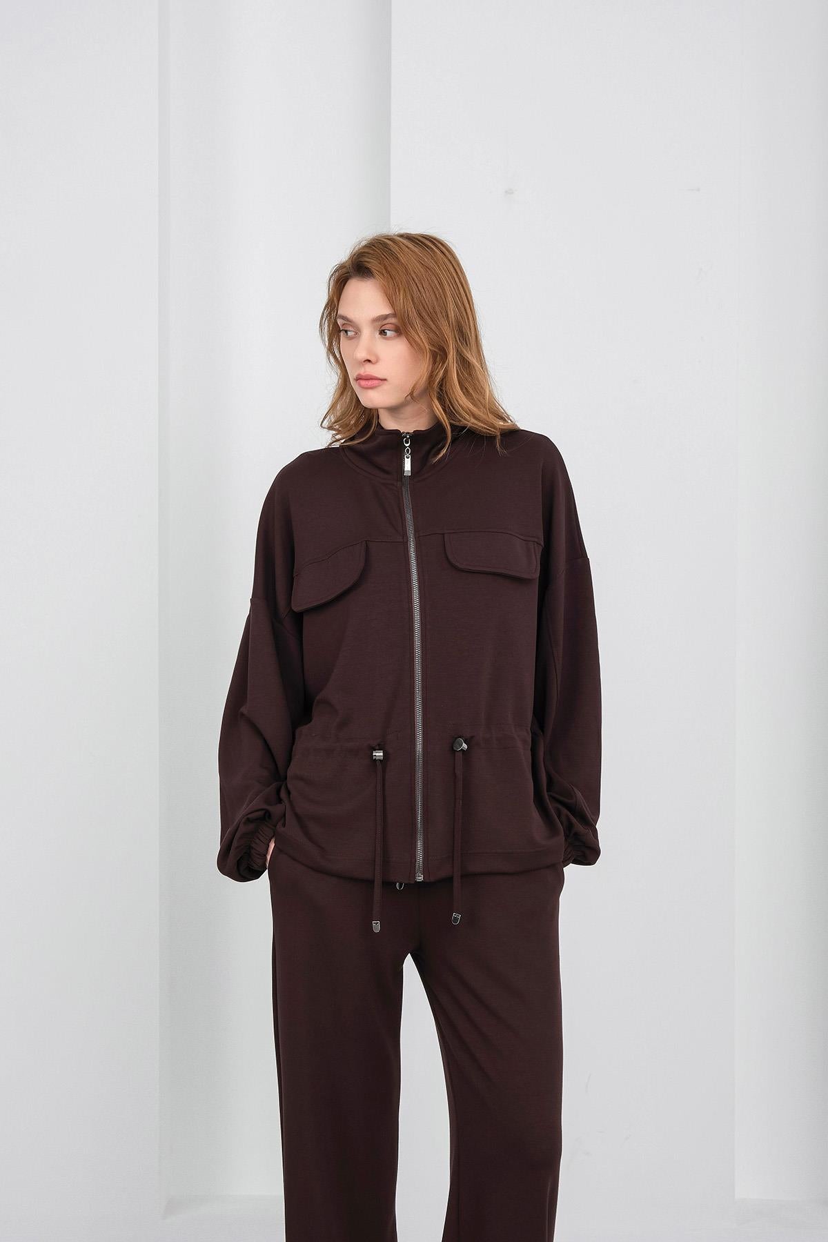 Kahve Kadın Boydan Fermuarlı Dik Yakalı Premium Modal Alt-Üst Takım