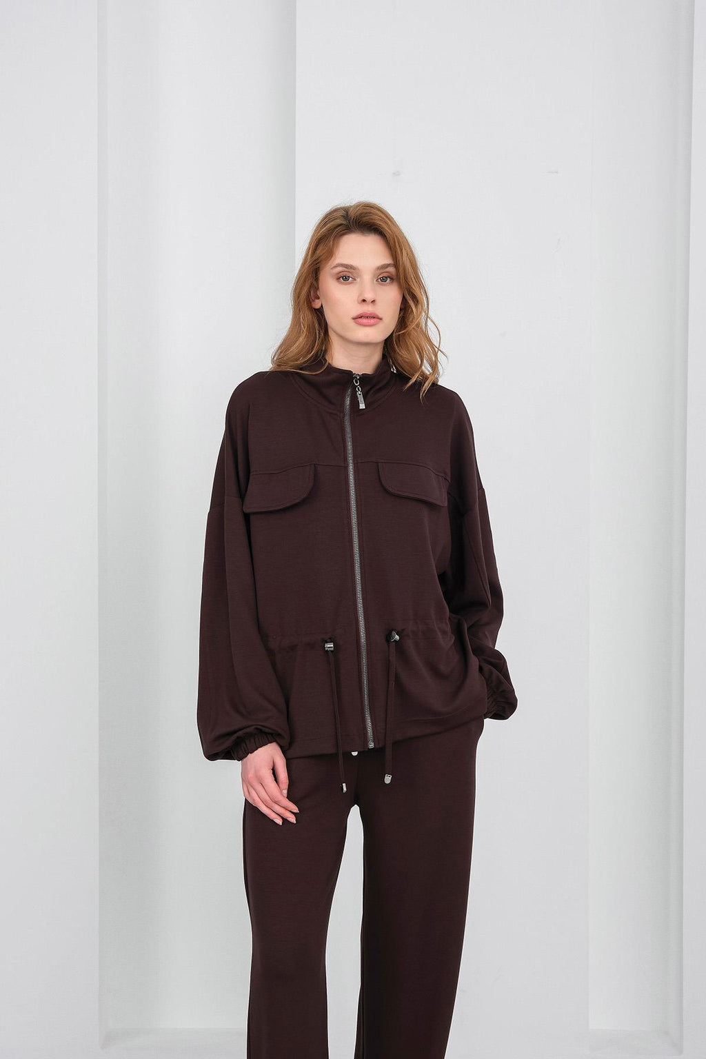 Kahve Kadın Boydan Fermuarlı Dik Yakalı Premium Modal Alt-Üst Takım