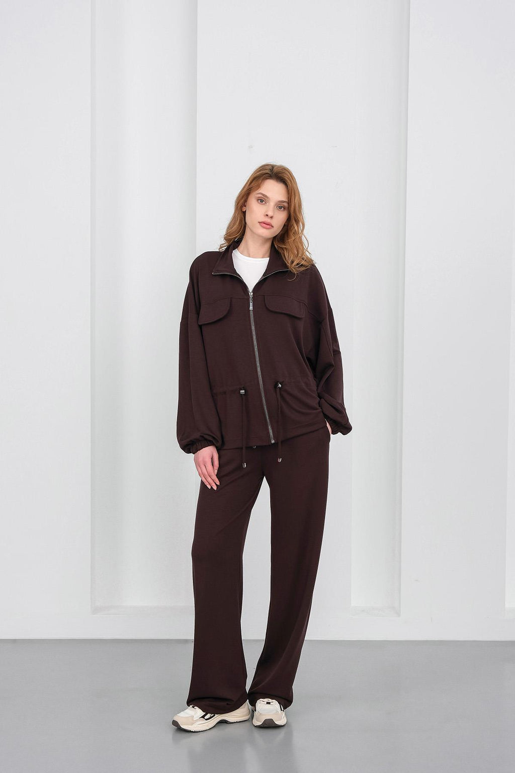 Kahve Kadın Boydan Fermuarlı Dik Yakalı Premium Modal Alt-Üst Takım