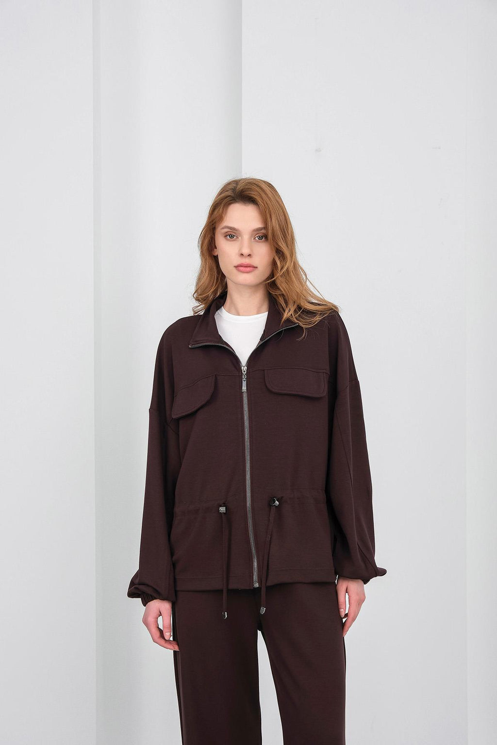 Kahve Kadın Boydan Fermuarlı Dik Yakalı Premium Modal Alt-Üst Takım