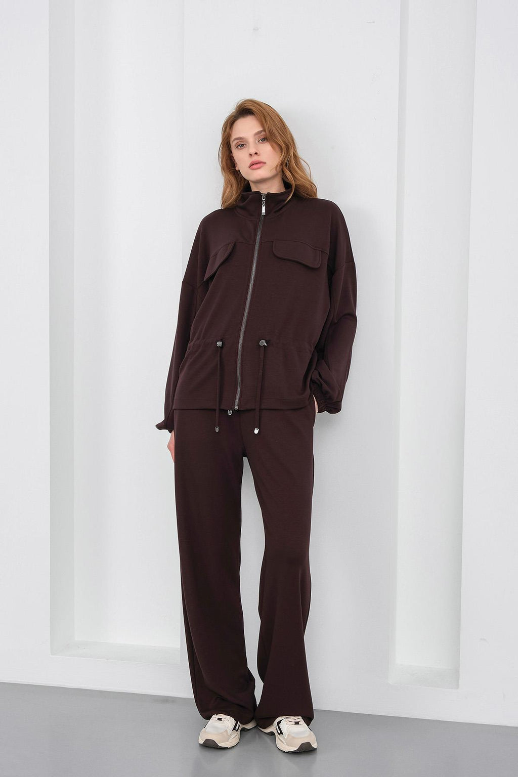 Kahve Kadın Boydan Fermuarlı Dik Yakalı Premium Modal Alt-Üst Takım