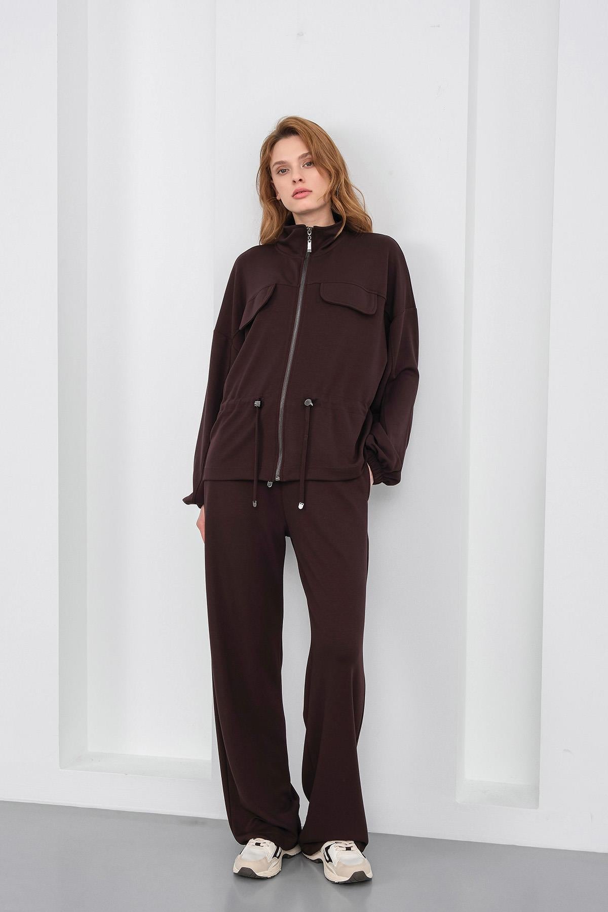 Kahve Kadın Boydan Fermuarlı Dik Yakalı Premium Modal Alt-Üst Takım