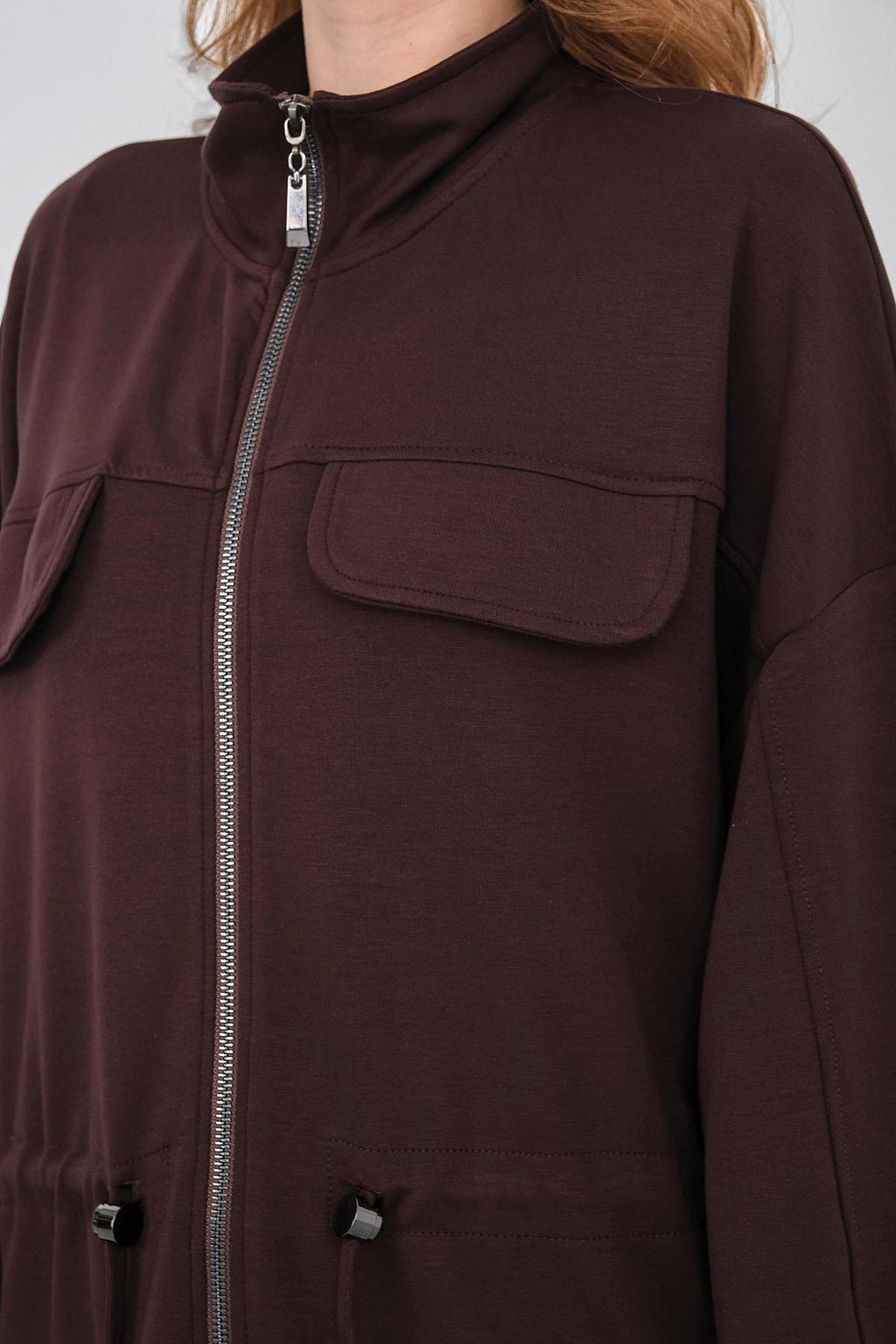 Kahve Kadın Boydan Fermuarlı Dik Yakalı Premium Modal Alt-Üst Takım