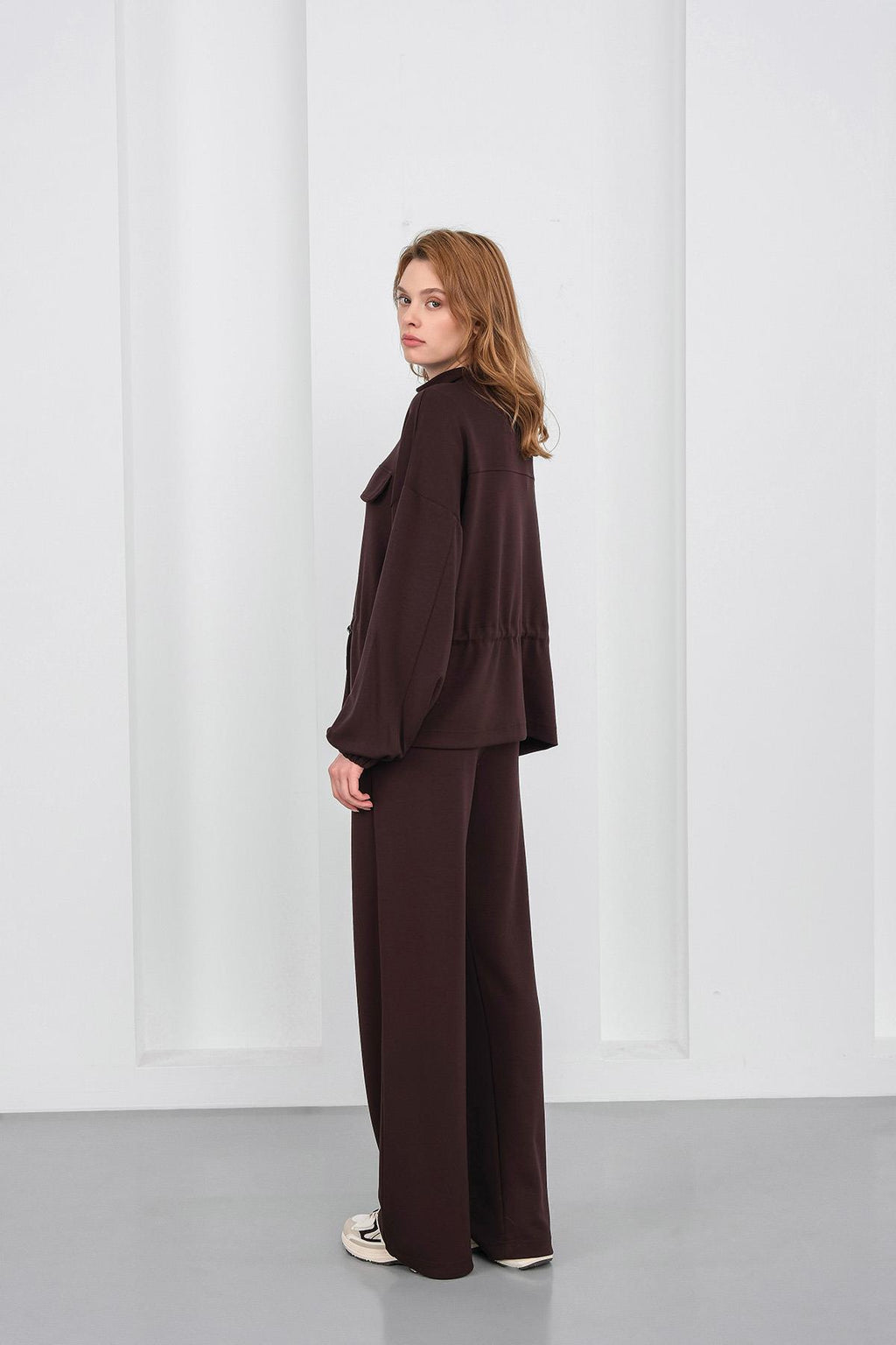 Kahve Kadın Boydan Fermuarlı Dik Yakalı Premium Modal Alt-Üst Takım