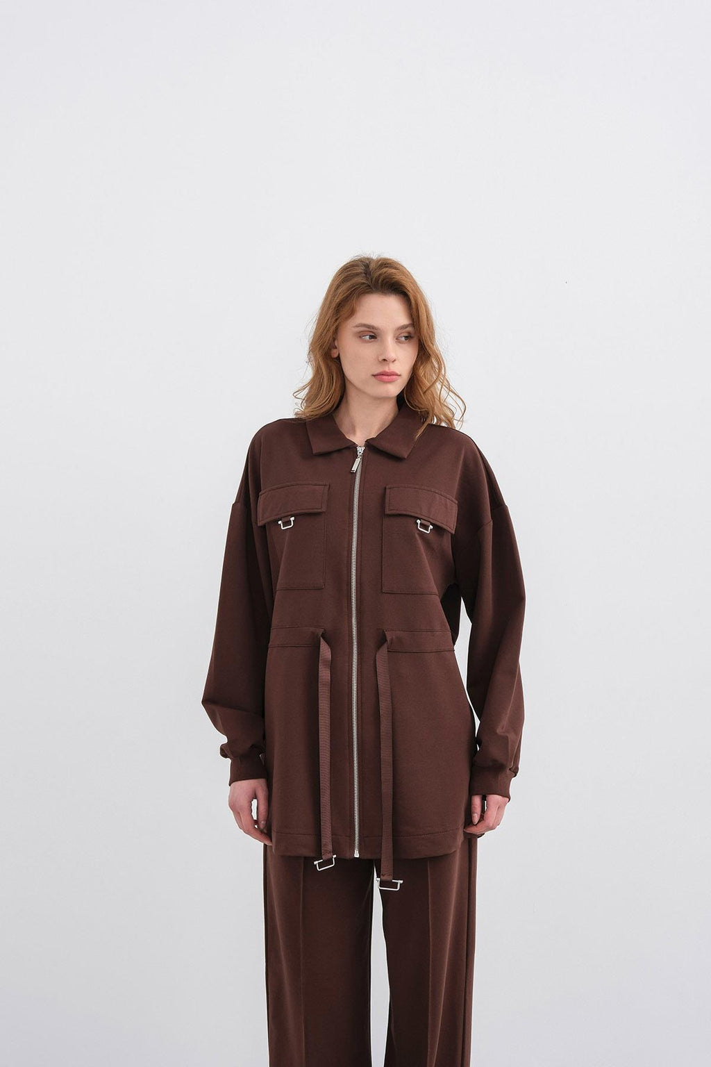 Kahve Kadın Polo Yaka Cep Detaylı Fermuarlı Bol Paça Nervürlü Örme Alt-Üst Takım