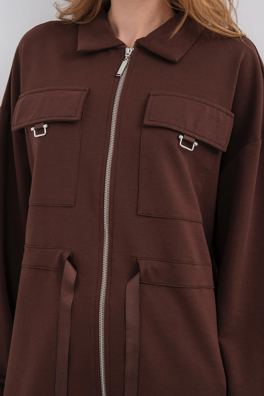 Kahve Kadın Polo Yaka Cep Detaylı Fermuarlı Bol Paça Nervürlü Örme Alt-Üst Takım