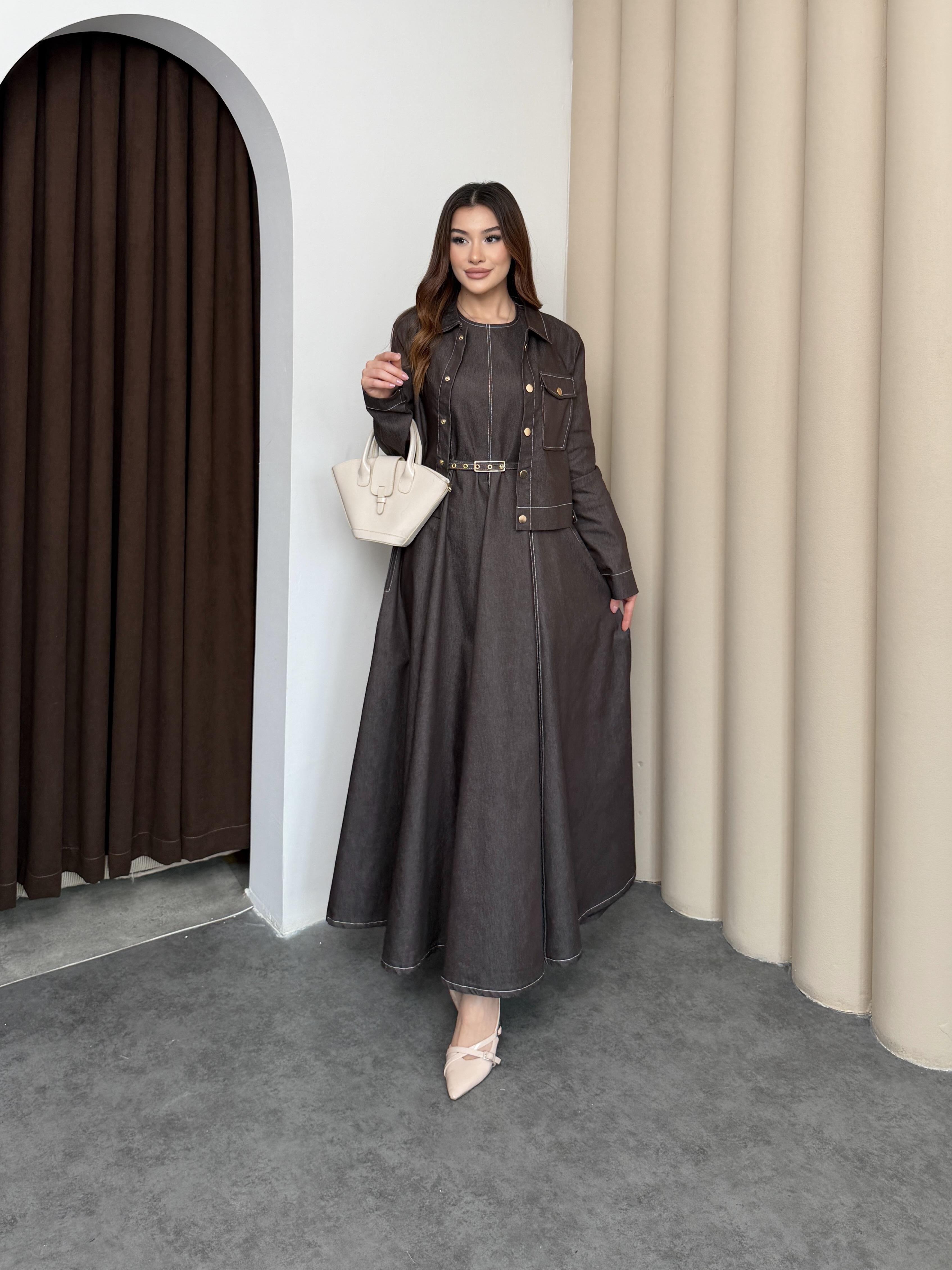 Kahve Kadın Premium Denim Görünümlü Dokuma Takım Kemerli Elbise ve Ceket Takım