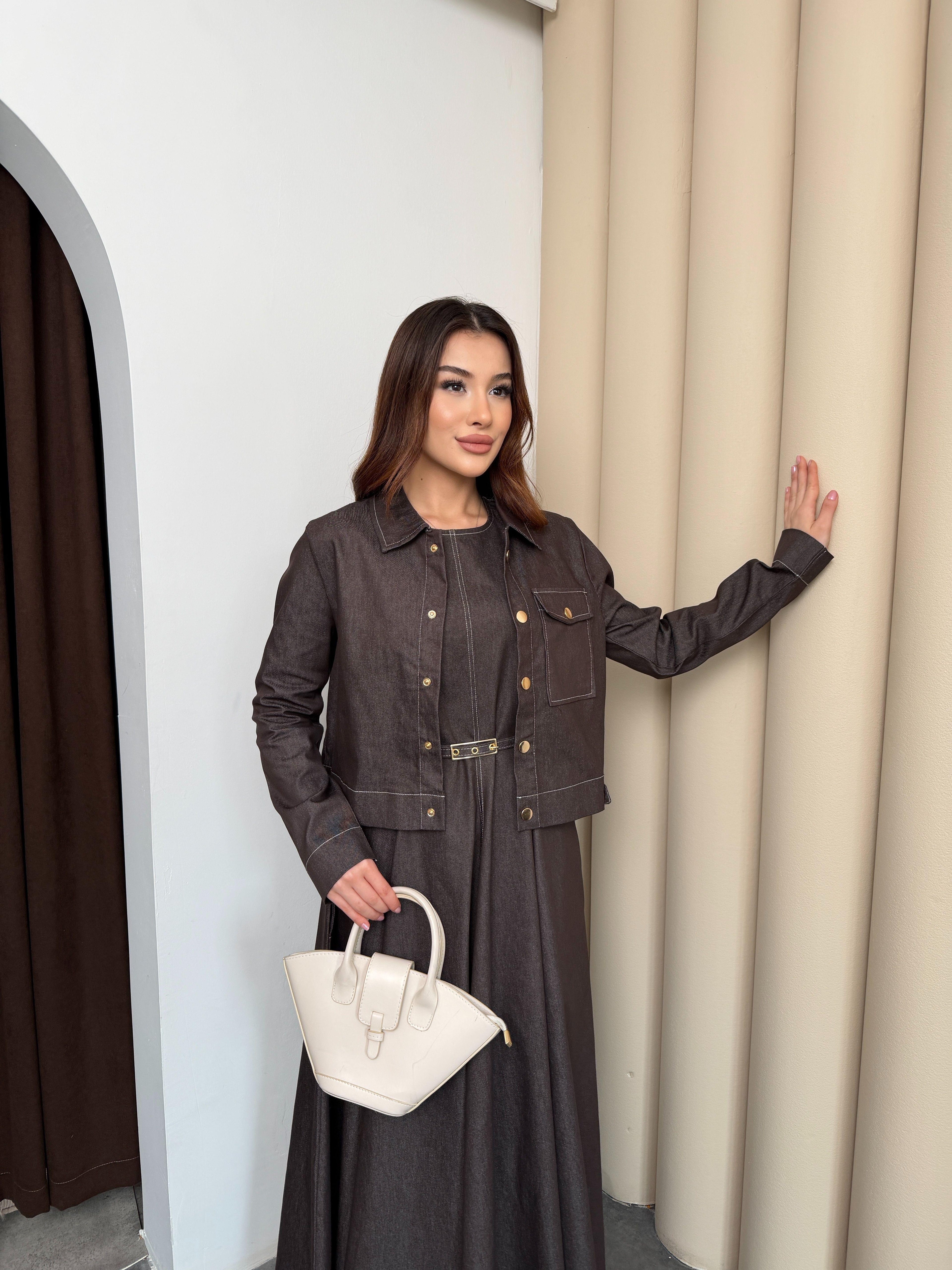 Kahve Kadın Premium Denim Görünümlü Dokuma Takım Kemerli Elbise ve Ceket Takım