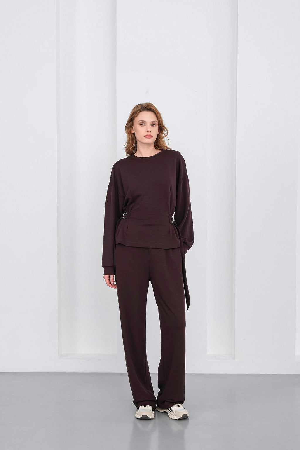 Kahve Kadın Premium Modal D Toka Süs Kemerli Alt-Üst Takım