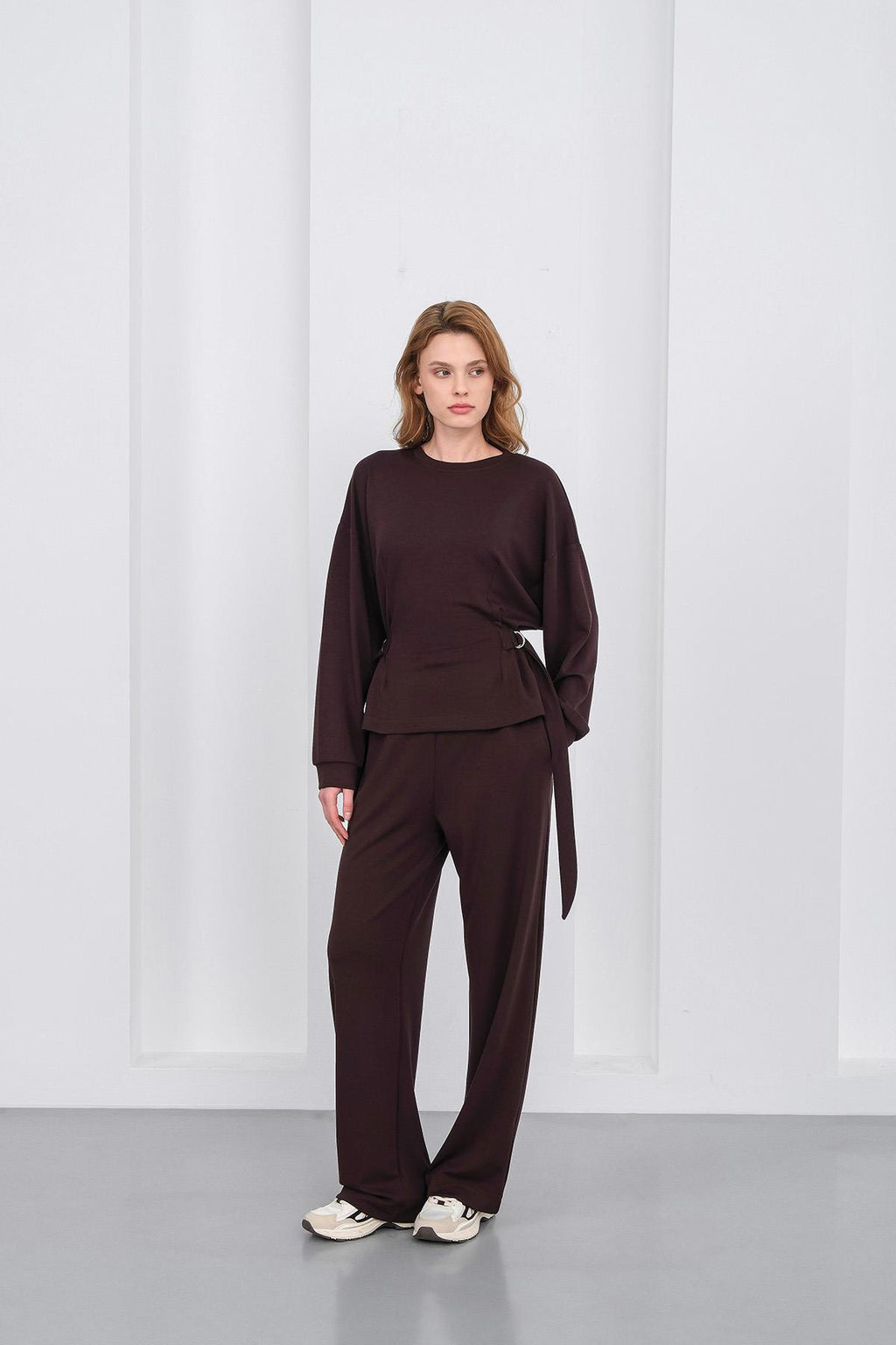 Kahve Kadın Premium Modal D Toka Süs Kemerli Alt-Üst Takım