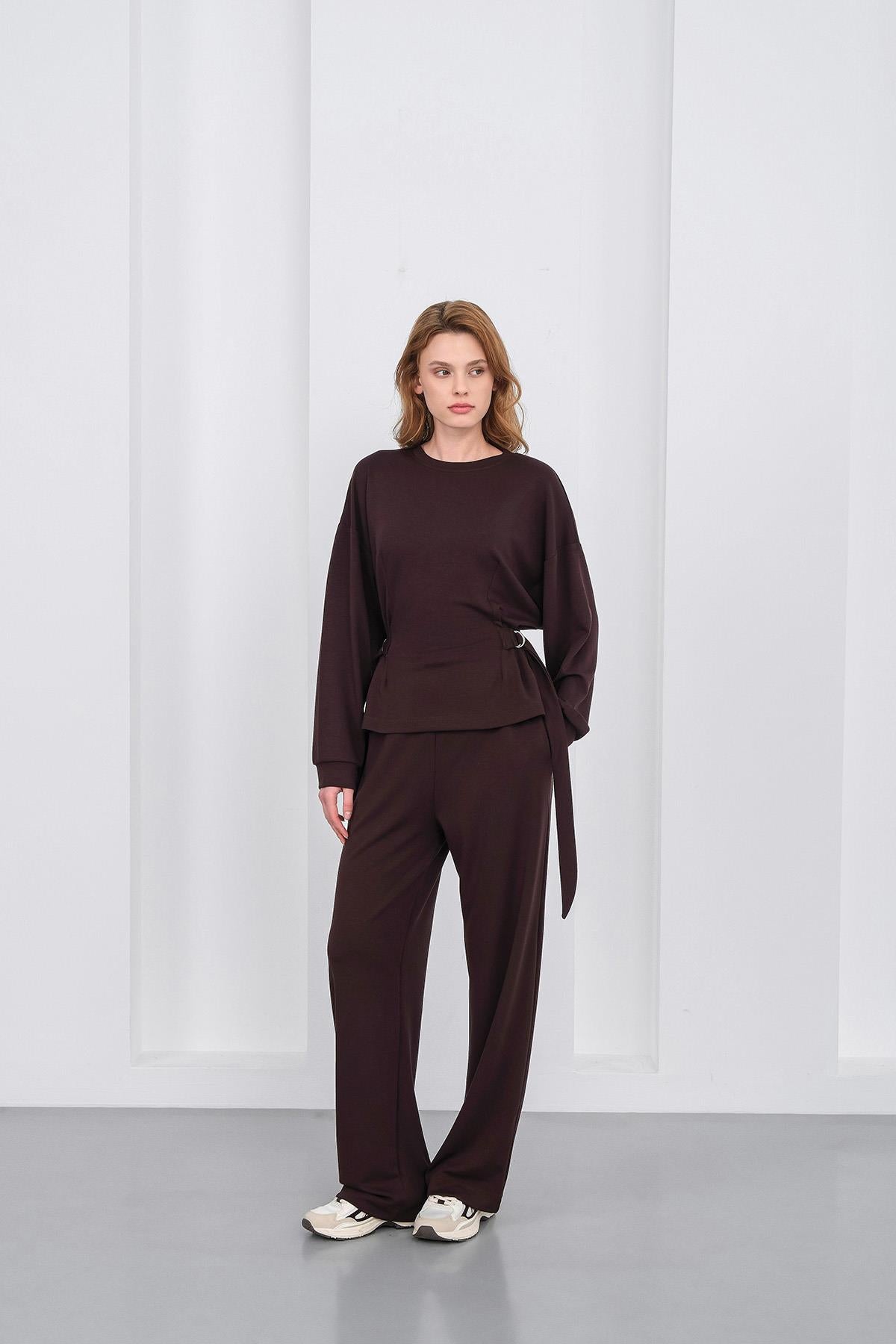 Kahve Kadın Premium Modal D Toka Süs Kemerli Alt-Üst Takım