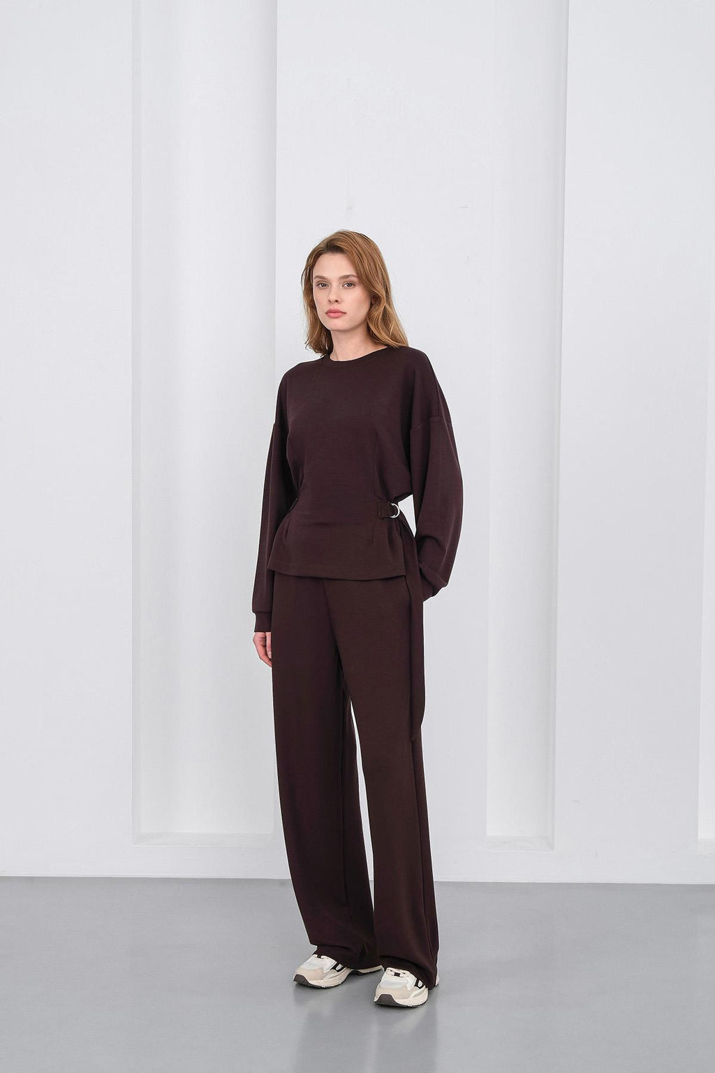 Kahve Kadın Premium Modal D Toka Süs Kemerli Alt-Üst Takım