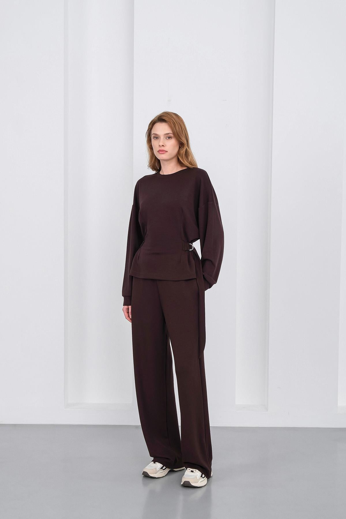 Kahve Kadın Premium Modal D Toka Süs Kemerli Alt-Üst Takım