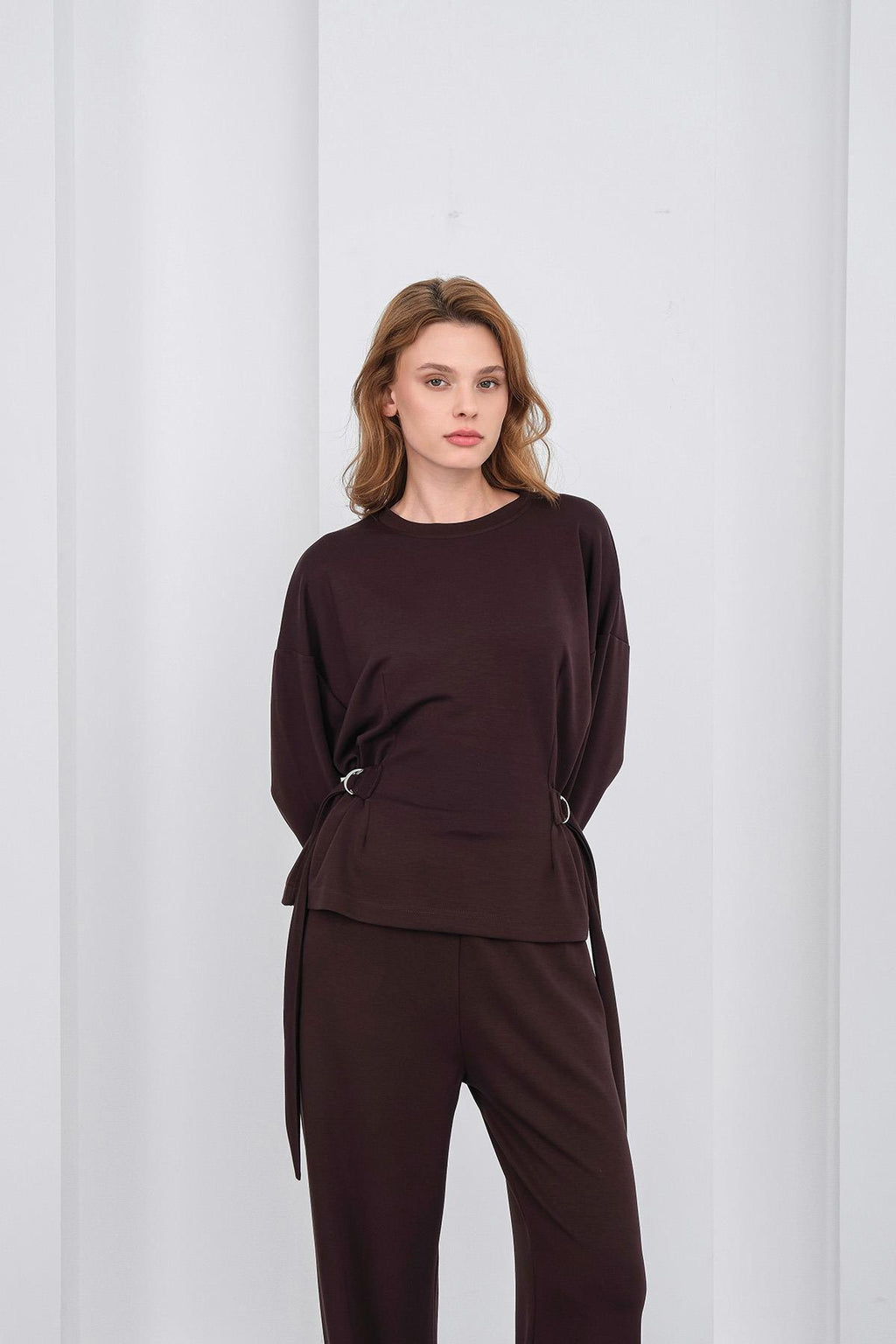 Kahve Kadın Premium Modal D Toka Süs Kemerli Alt-Üst Takım