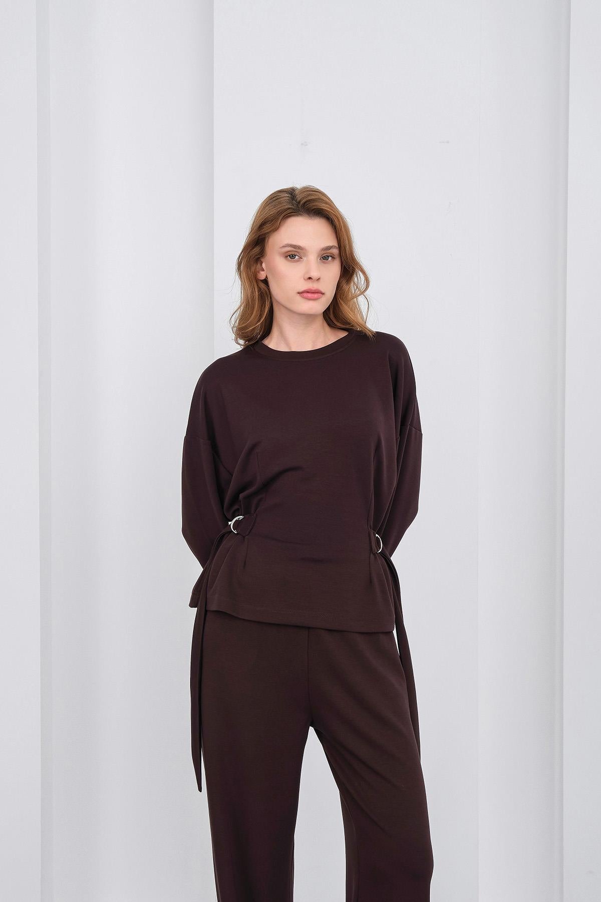 Kahve Kadın Premium Modal D Toka Süs Kemerli Alt-Üst Takım