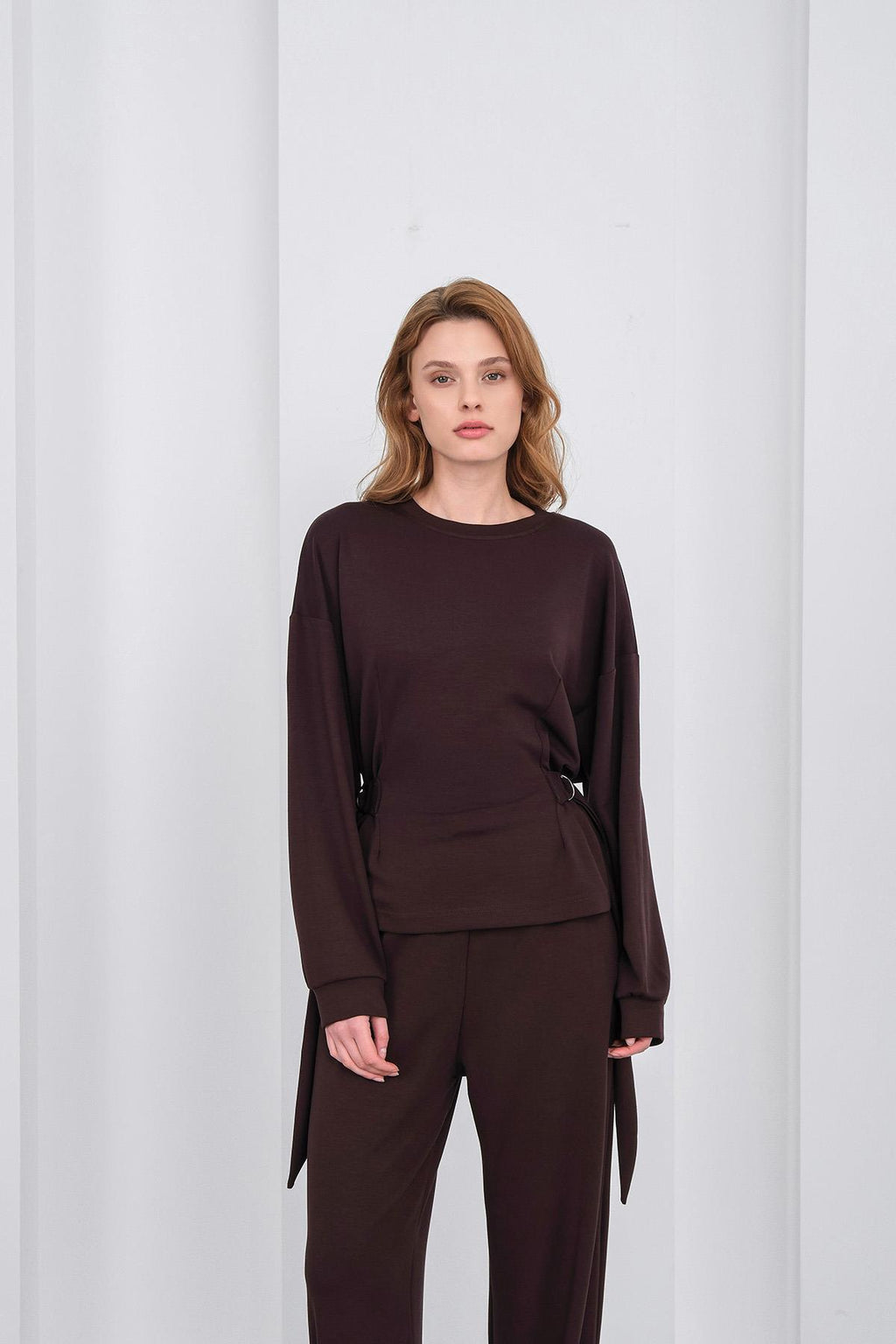 Kahve Kadın Premium Modal D Toka Süs Kemerli Alt-Üst Takım