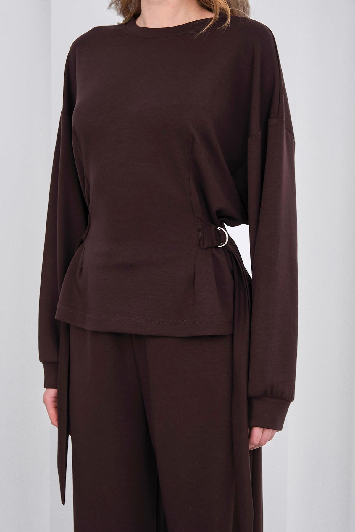 Kahve Kadın Premium Modal D Toka Süs Kemerli Alt-Üst Takım