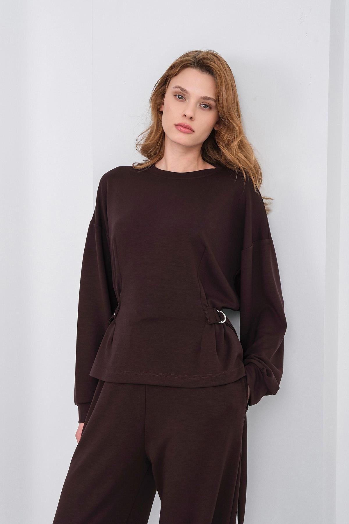 Kahve Kadın Premium Modal D Toka Süs Kemerli Alt-Üst Takım