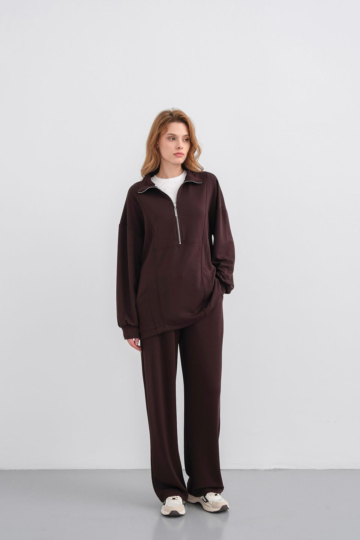 Kahve Kadın Premium Modal Kumaş Yarım Fermuarlı Oversize Alt-Üst Takım