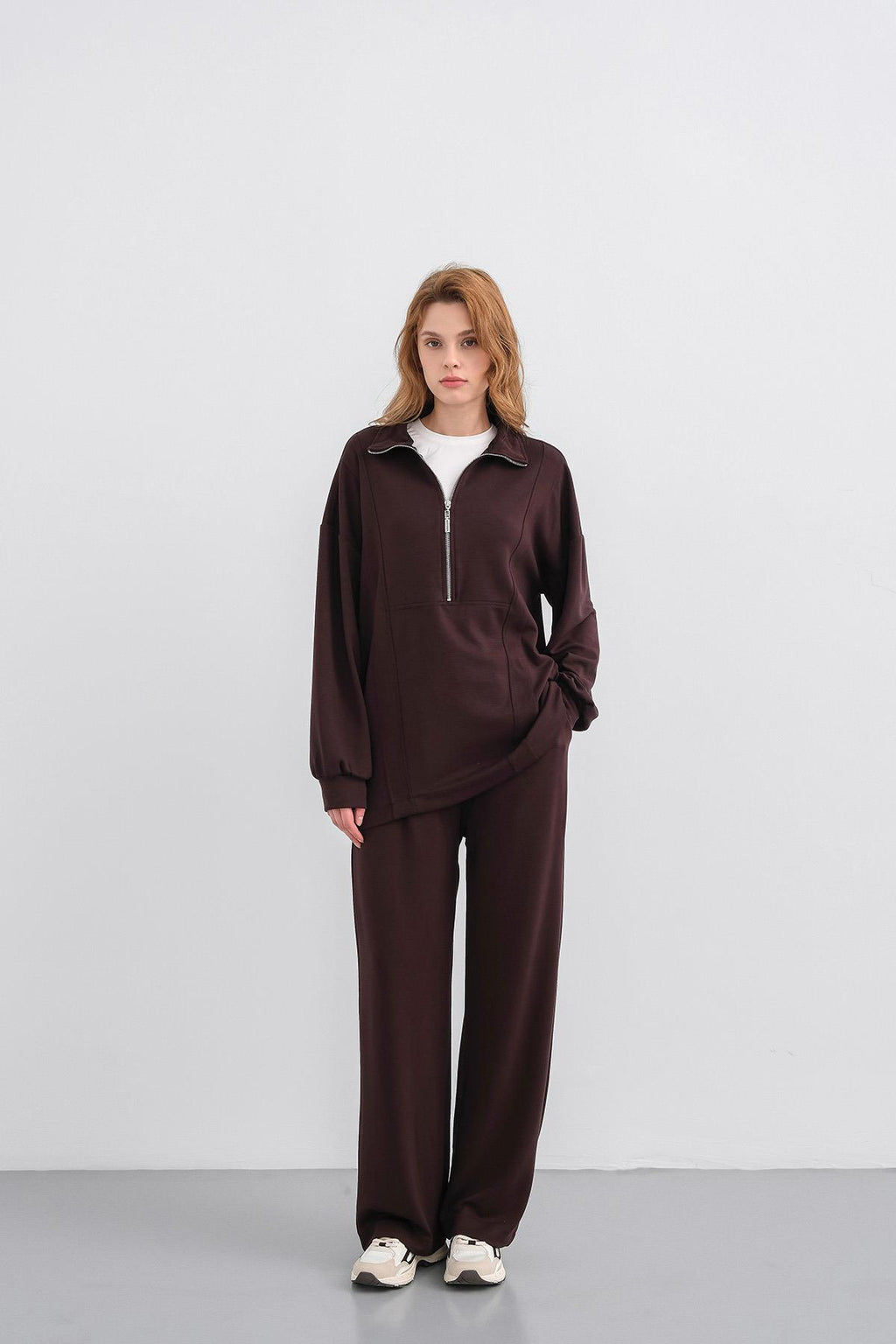 Kahve Kadın Premium Modal Kumaş Yarım Fermuarlı Oversize Alt-Üst Takım