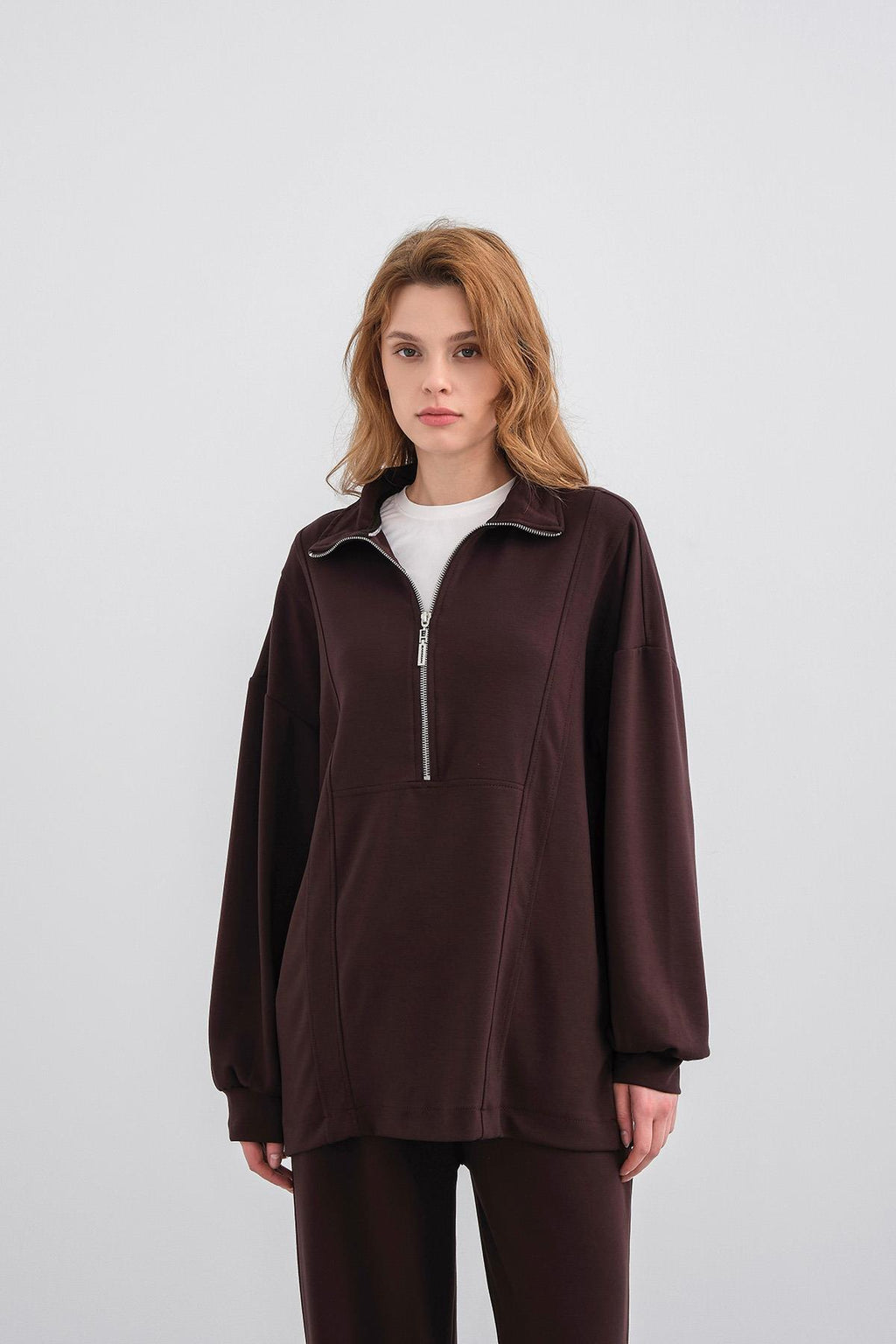 Kahve Kadın Premium Modal Kumaş Yarım Fermuarlı Oversize Alt-Üst Takım