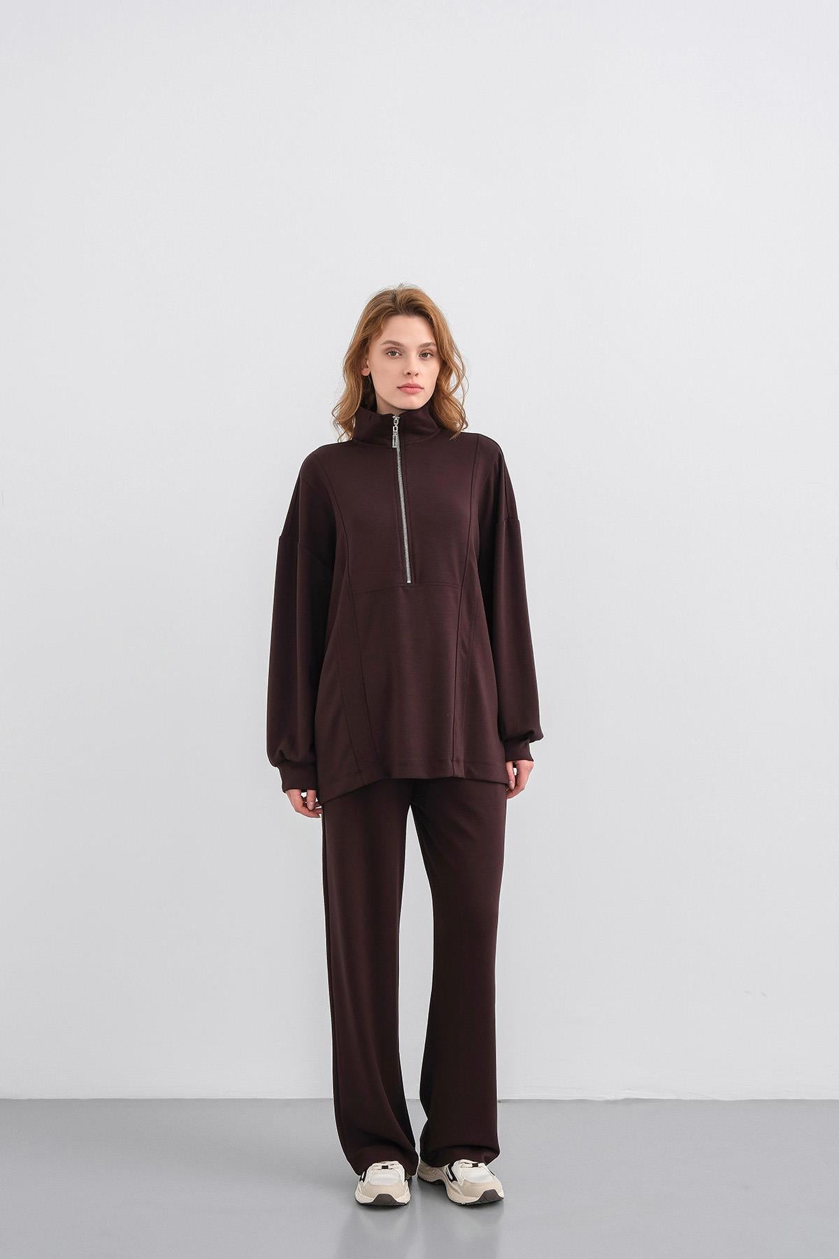 Kahve Kadın Premium Modal Kumaş Yarım Fermuarlı Oversize Alt-Üst Takım